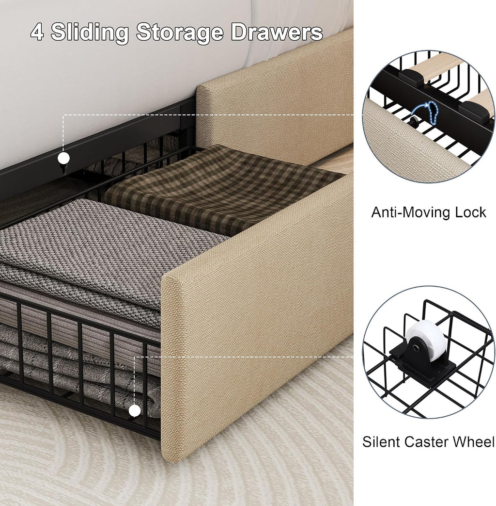 Full Size Upholstered Platform Bed Frame with 4 Storage Drawers and Charging Station, Linen Button Tufted Wingback Headboard, Sturdy Wooden Support Slats, No Box Spring Needed, Beige