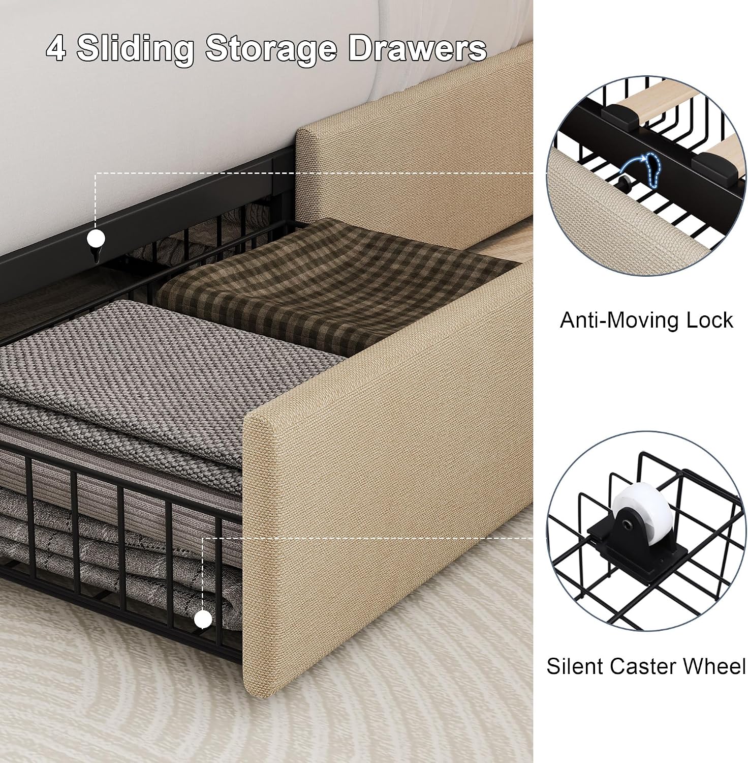 Full Size Upholstered Platform Bed Frame with 4 Storage Drawers and Charging Station, Linen Button Tufted Wingback Headboard, Sturdy Wooden Support Slats, No Box Spring Needed, Beige
