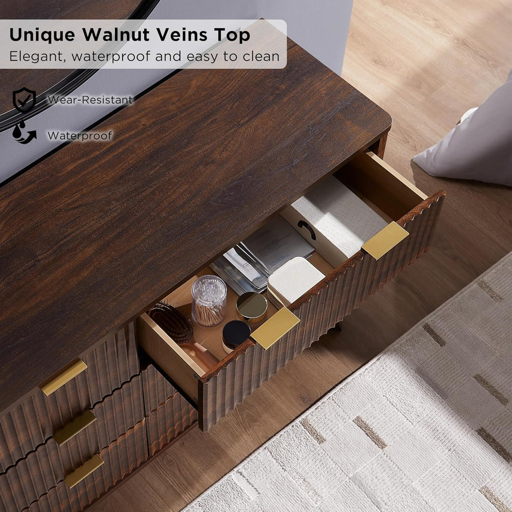 T4TREAM Fluted 6 Drawers Dresser, 54' Wide Modern Chest of Drawers, Curved Profile Design, Dresser TV Stand, Wood Drawer Organizer for Bedroom, Living Room, Hallway, Dark Walnut