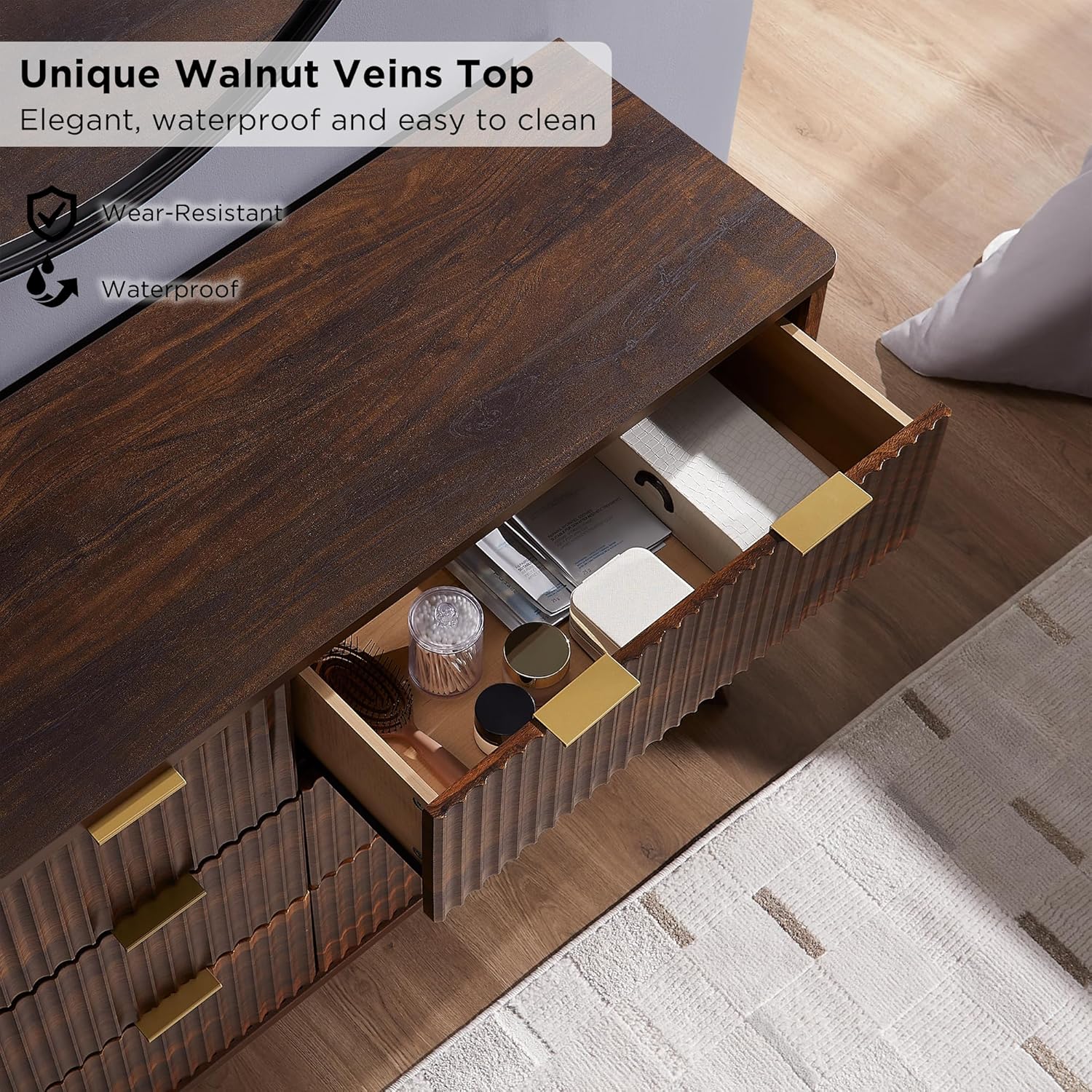 T4TREAM Fluted 6 Drawers Dresser, 54' Wide Modern Chest of Drawers, Curved Profile Design, Dresser TV Stand, Wood Drawer Organizer for Bedroom, Living Room, Hallway, Dark Walnut