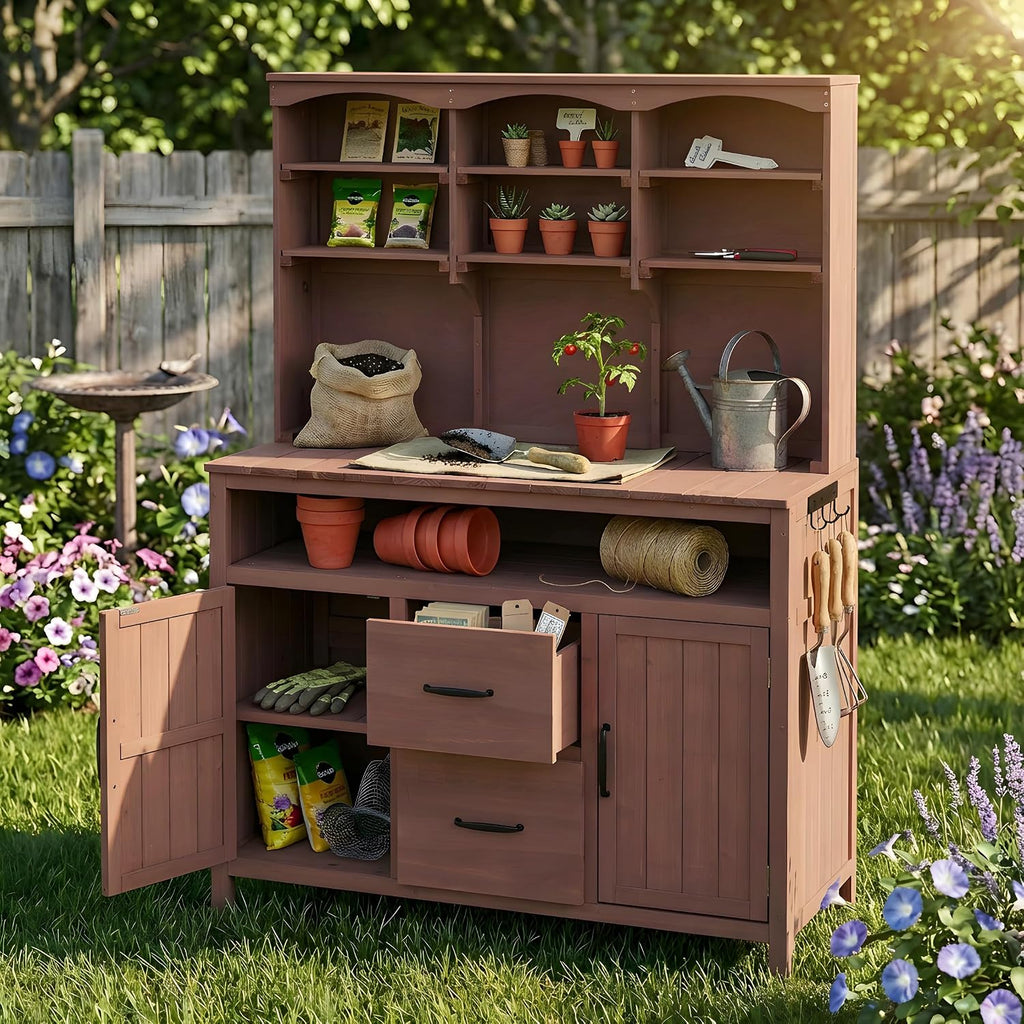 Large Fir Wood Potting Bench, 45.3''L Multi-Functional Outdoor Patio Kitchen Island with Hutch,Drawers & Hooks, Large Countertop for Gardening, Grill (Brown-h)