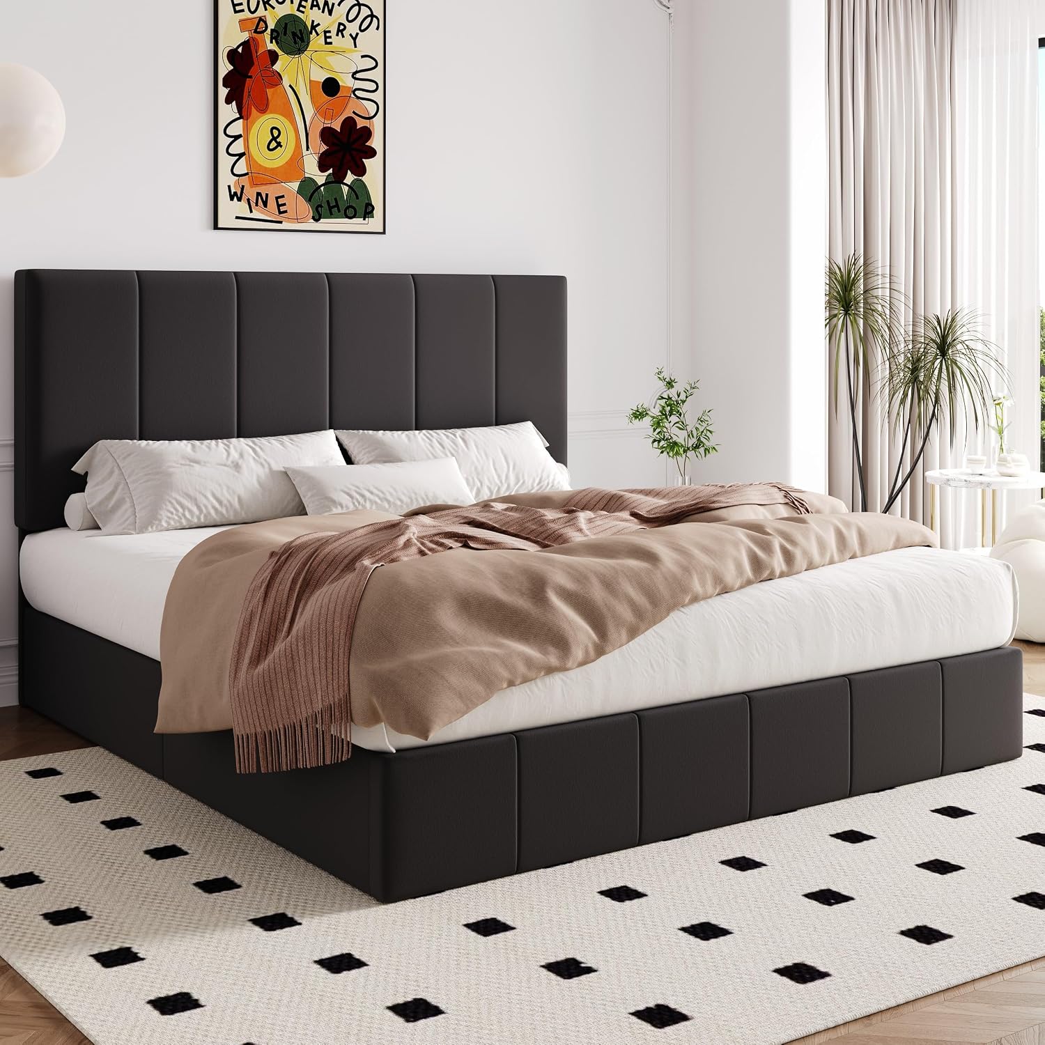 Allewie King Size Velvet Lift Up Storage Bed Frame, Vertical Channel Tufted Headboard, Hydrualic Underneath Storage, Upholstered Platform Bed, Wooden Slats Support, No Box Spring Needed, Black