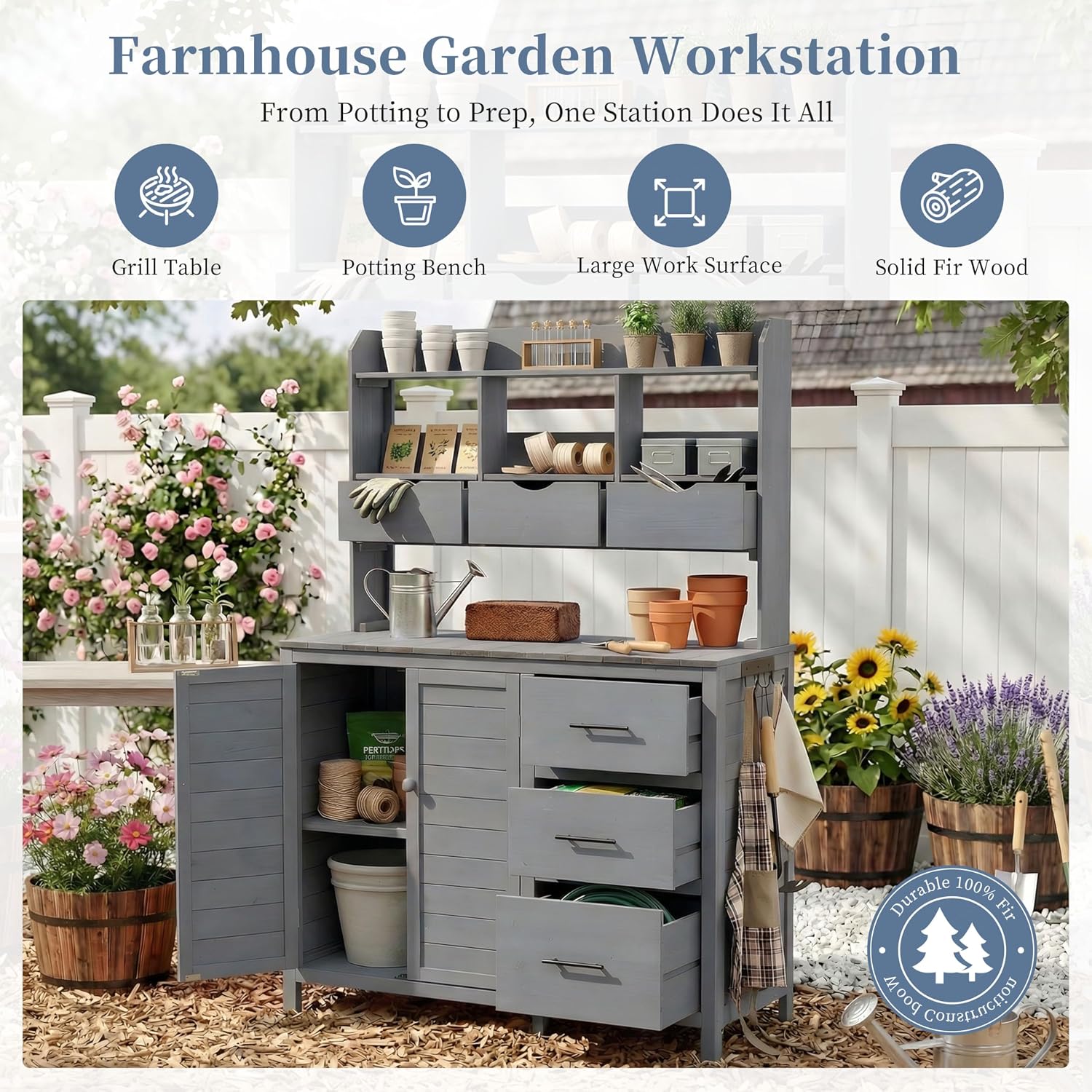 Farmhouse Patio Potting Bench with Storage Cabinet, 65' H Garden Workstation with 6 Drawers and Side Hooks, Outdoor Kitchen Island with Adjustable Shelf for Patio, Backyard, Gray
