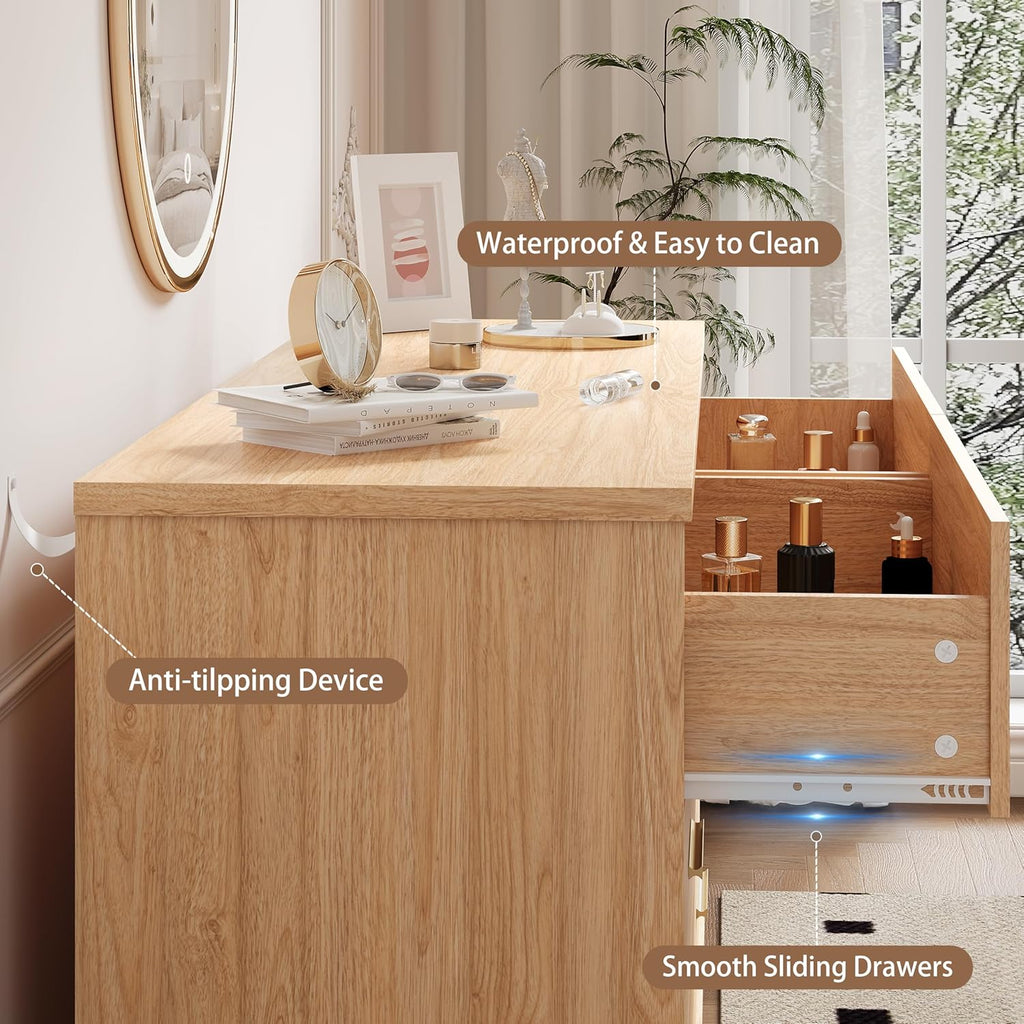 Xixini Dresser for Bedroom, 6 Drawer Wide Modern Chest of Drawers with X-Shaped Sturdy Base, Wood Double Dresser Closet Clothes Storage Organizer, Wooden TV Stand for Living Room, Hallway, Oak