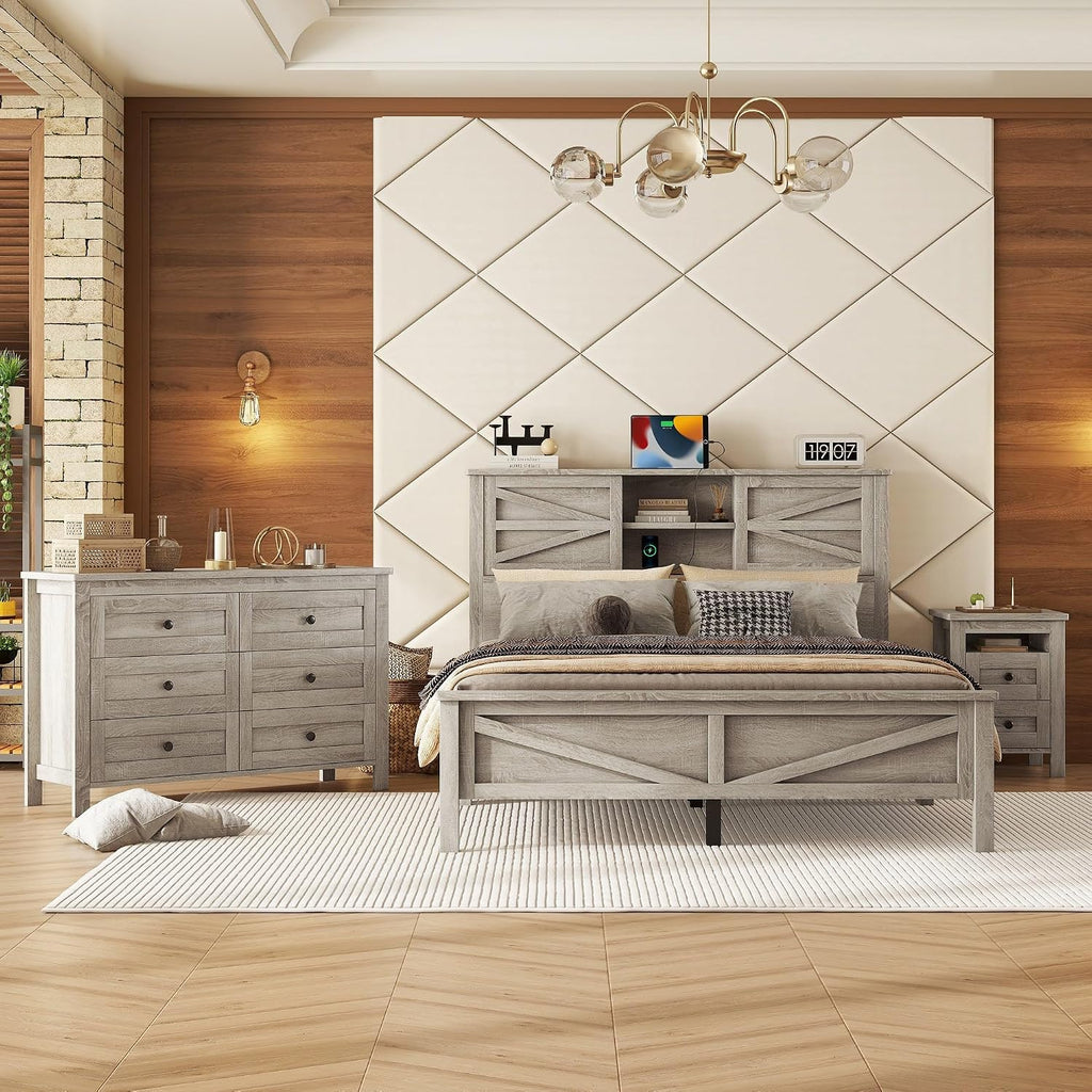 Polibi 3-Pieces Bedroom Sets Queen Size Platform Bed with Double Sliding Door Charging Headboard, Socket & USB, Includes Bedside Table and Dresser, Antique Gray
