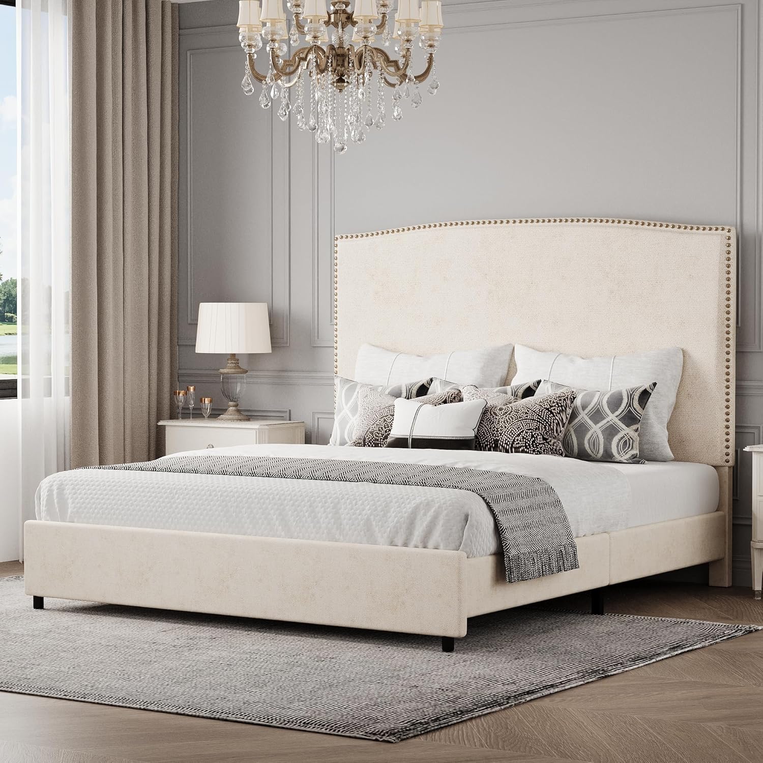 BarnFurin Full Size Chenille Bed Frame with 56' Tall Headboard, Upholstered Platform Bed with Nailhead Trim Headboard, Soft Boucle Fabric, No Box Spring Needed, Easy Assembly, Beige