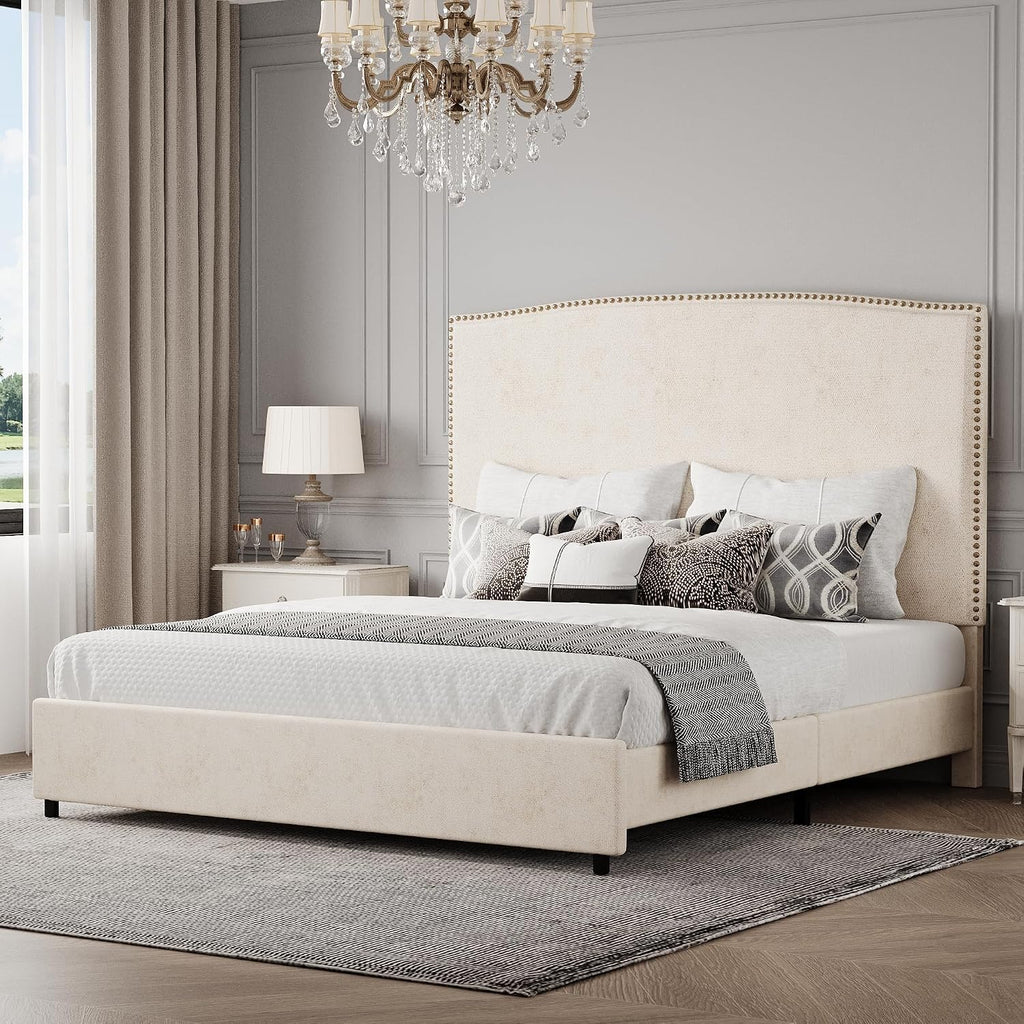 BarnFurin Queen Size Chenille Bed Frame with 56' Tall Headboard, Upholstered Platform Bed with Nailhead Trim Headboard, Soft Boucle Fabric, No Box Spring Needed, Easy Assembly, Beige