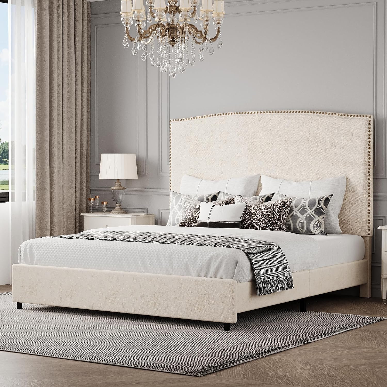 BarnFurin Queen Size Chenille Bed Frame with 56' Tall Headboard, Upholstered Platform Bed with Nailhead Trim Headboard, Soft Boucle Fabric, No Box Spring Needed, Easy Assembly, Beige