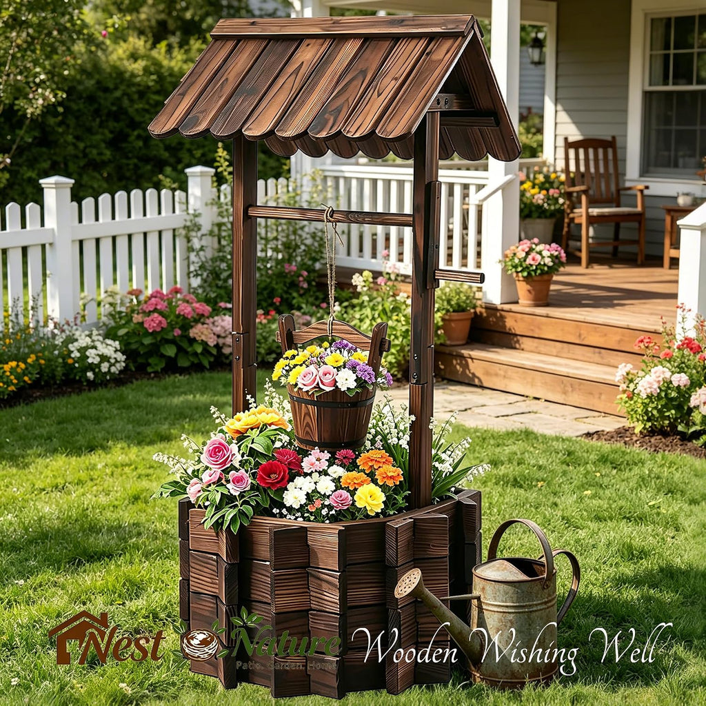 NestNature 21.75' Carbonized Wooden Wishing Well Planter for Outside, Rustic Outdoor Wishing Well with 4 Reinforced Rods & Hanging Bucket, Decorative Well Cover for Yard Garden Patio Lawn Backyard