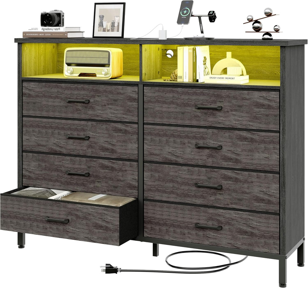 Dresser for Bedroom Grey Bedroom Dresser with LED Lights and Charging Station, 8 Long Fabric Drawers Dressers, Vertical Chest of Drawers Storage Organizer TV Stand for up to 60' TV for Living Room