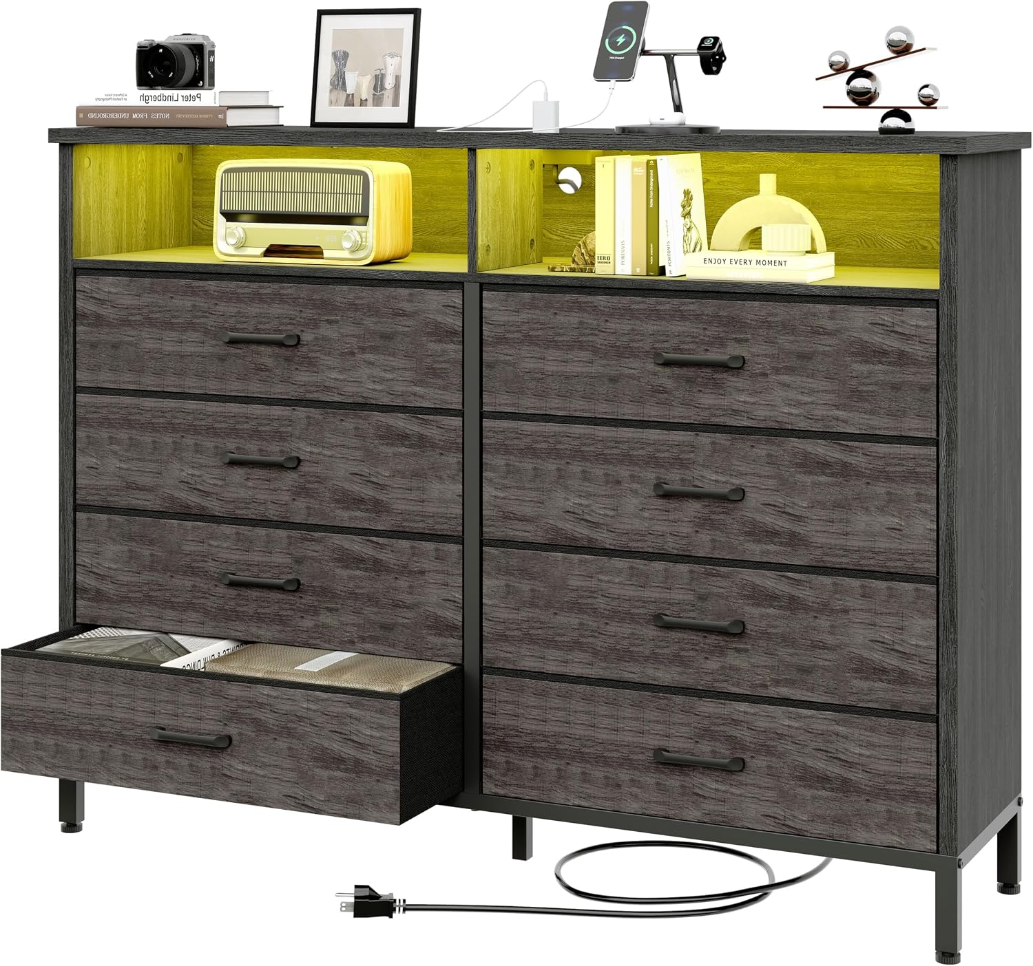 Dresser for Bedroom Grey Bedroom Dresser with LED Lights and Charging Station, 8 Long Fabric Drawers Dressers, Vertical Chest of Drawers Storage Organizer TV Stand for up to 60' TV for Living Room