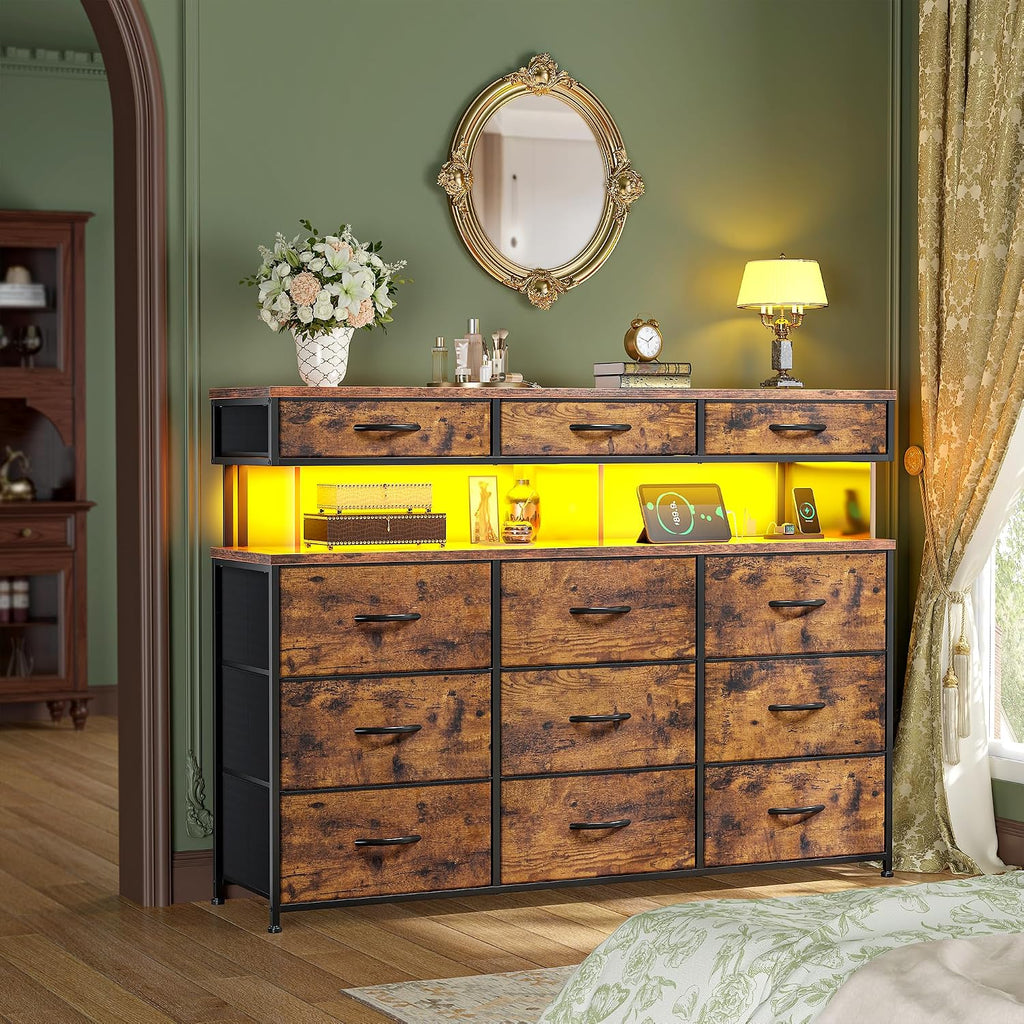 Romorgniz Dresser for Bedroom with Charging Station and LED Lights, Fabric Dressers & Chest of Drawers, Dresser TV Stands for Living Room, Open Shelves, 10MM Thick Acrylic Sheet, Brown