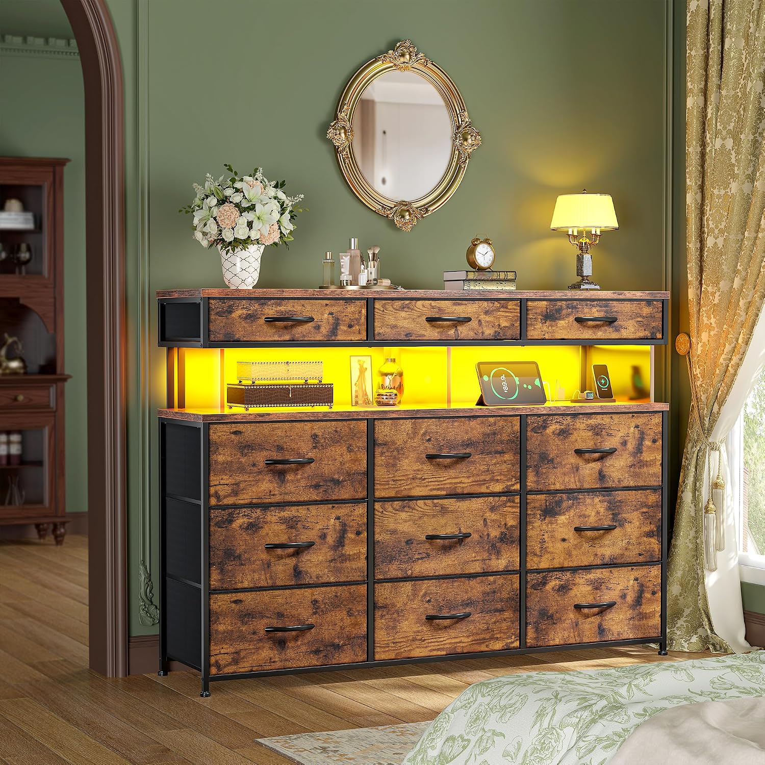 Romorgniz Dresser for Bedroom with Charging Station and LED Lights, Fabric Dressers & Chest of Drawers, Dresser TV Stands for Living Room, Open Shelves, 10MM Thick Acrylic Sheet, Brown