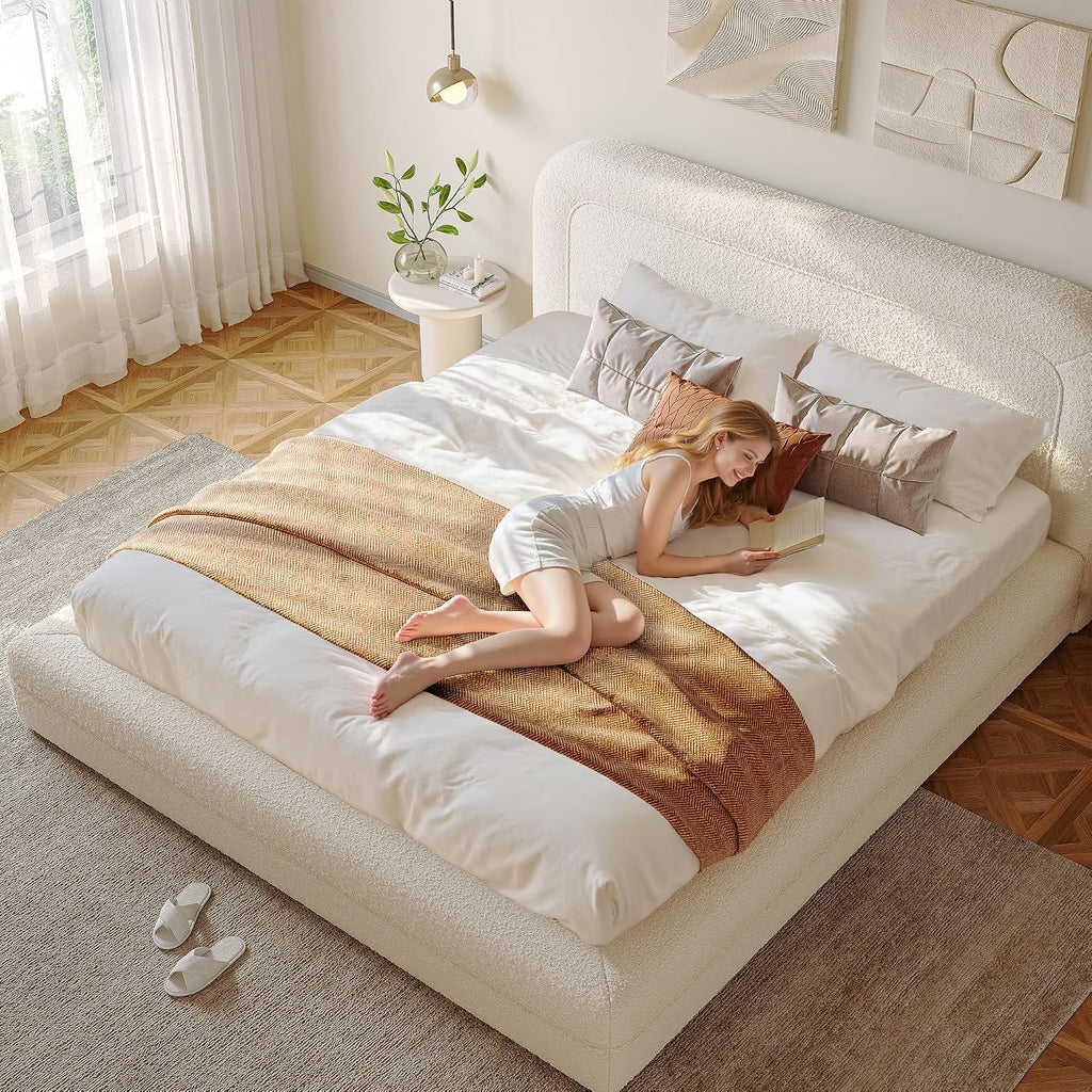 Homkdom Cloud Bed Frame with Headboard, Upholstered Soft Queen Bed Frame with Round Edges, Boucle Platform Bed for Modern Bedrooms & Apartment & Guest Rooms, No Box Spring Needed,Beige