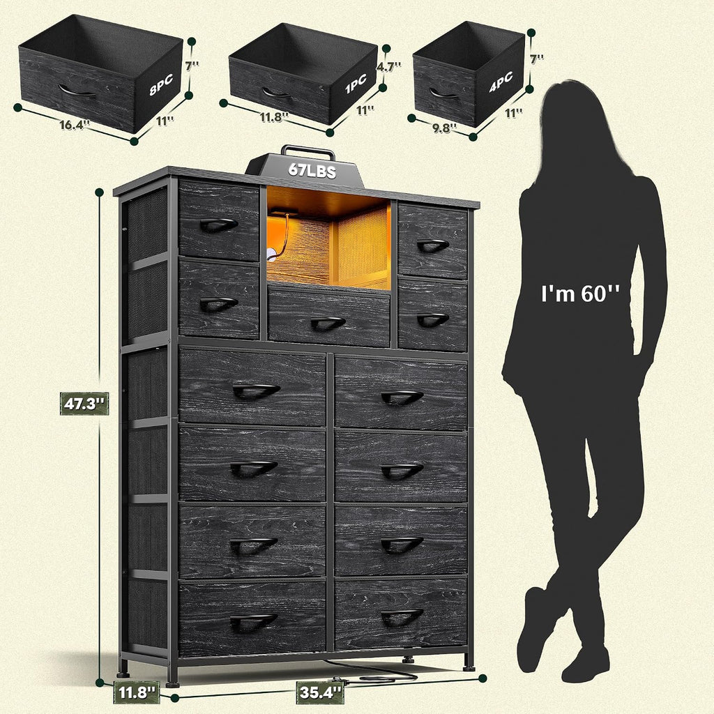 Romorgniz Dresser for Bedroom with 13 Fabric Drawers, Black Dresser with LED & 4 Charging Ports, 47''H Chest of Drawers with Open Storage Shelves for Hallway, Entryway