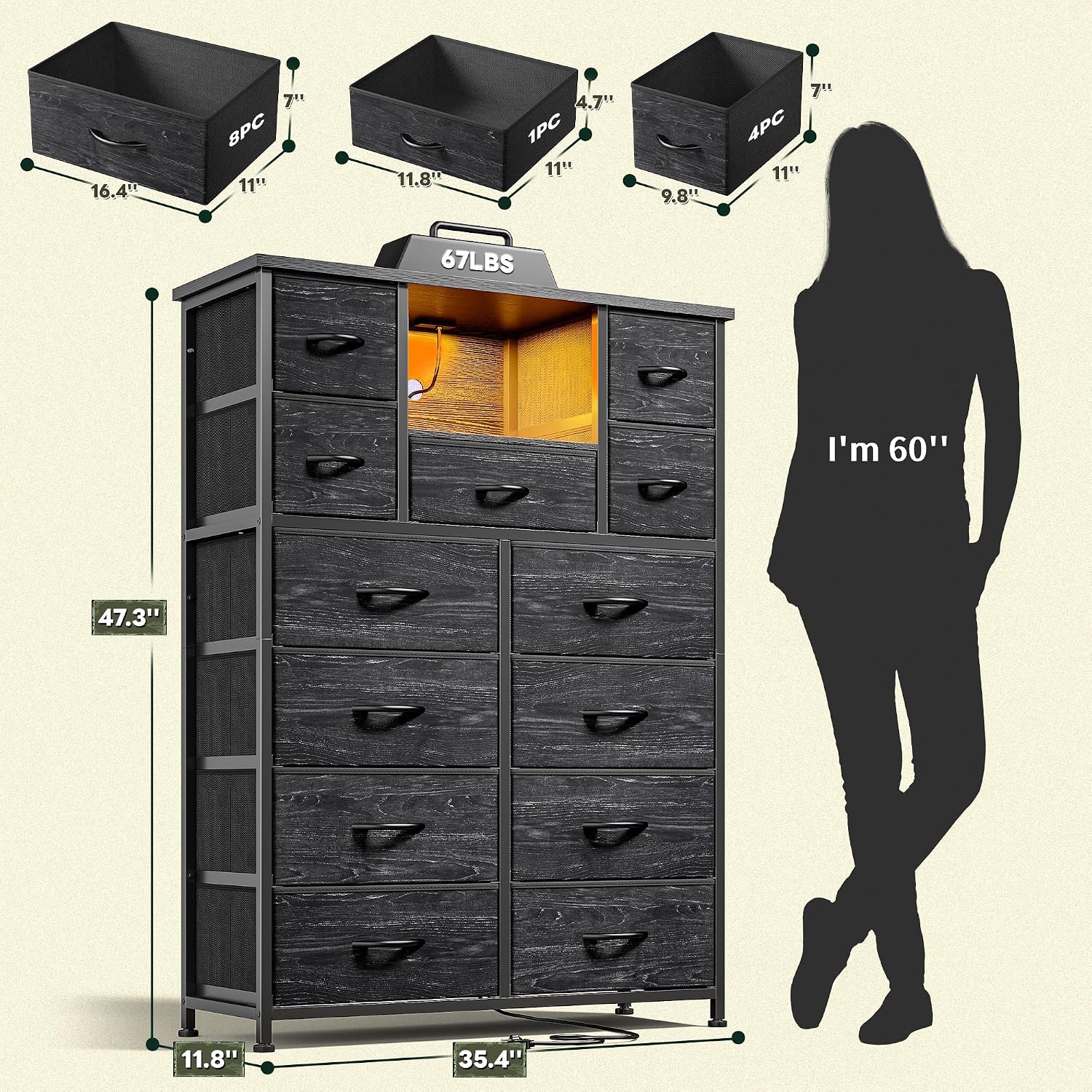 Romorgniz Dresser for Bedroom with 13 Fabric Drawers, Black Dresser with LED & 4 Charging Ports, 47''H Chest of Drawers with Open Storage Shelves for Hallway, Entryway