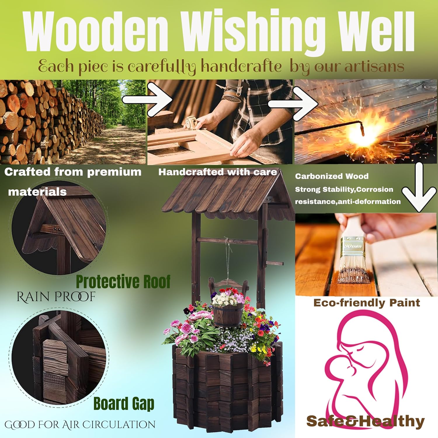 NestNature 25.56' Carbonized Wooden Wishing Well Planter for Outside, Rustic Outdoor Wishing Well with 4 Reinforced Rods & Hanging Bucket, Decorative Well Cover for Yard Garden Patio Lawn Backyard