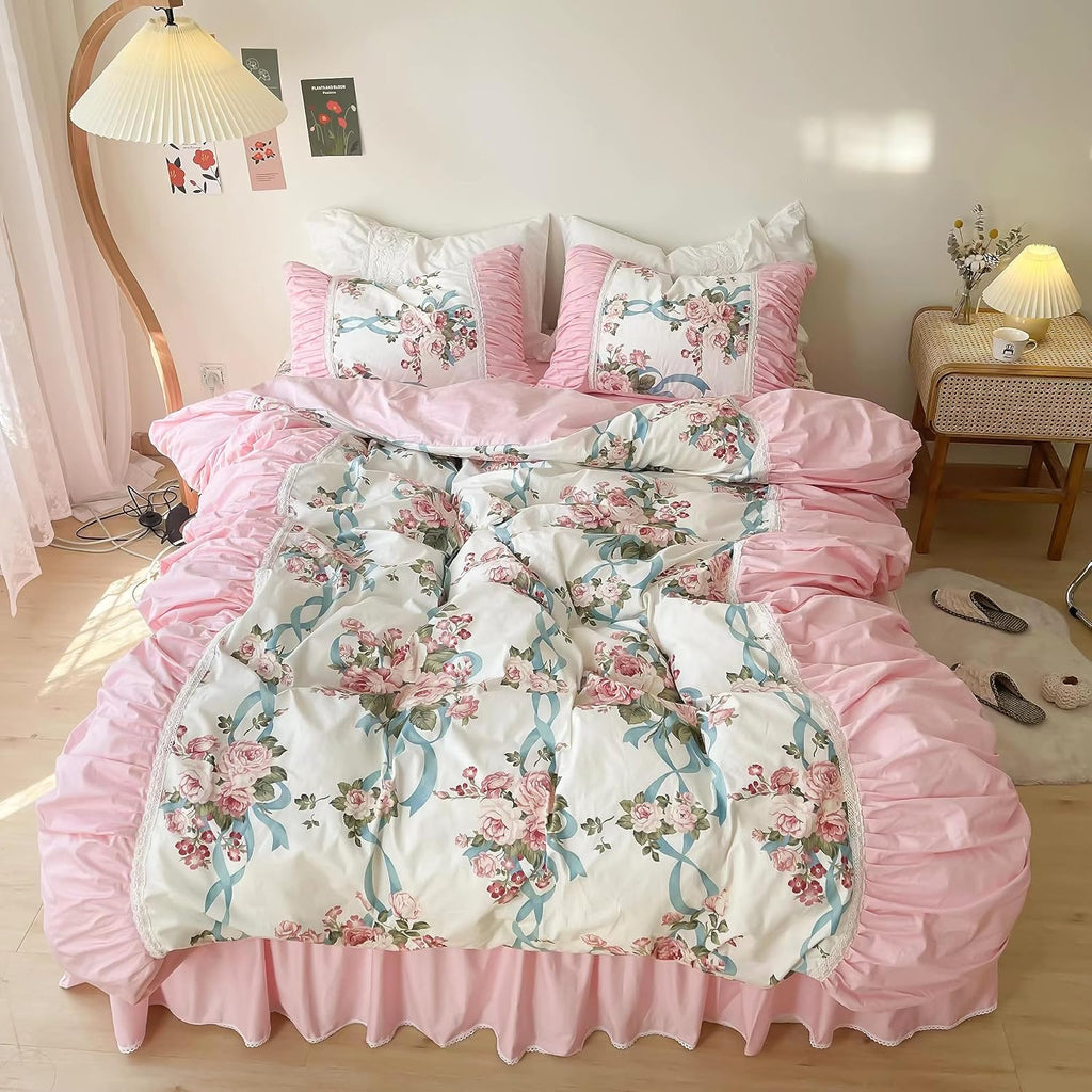 LELVA Romantic Rose Flower Print Bedding for Girls Duvet Cover Set with Bed Skirt Pink Lace Ruffle Floral Shabby Bedding Sets Full Piece