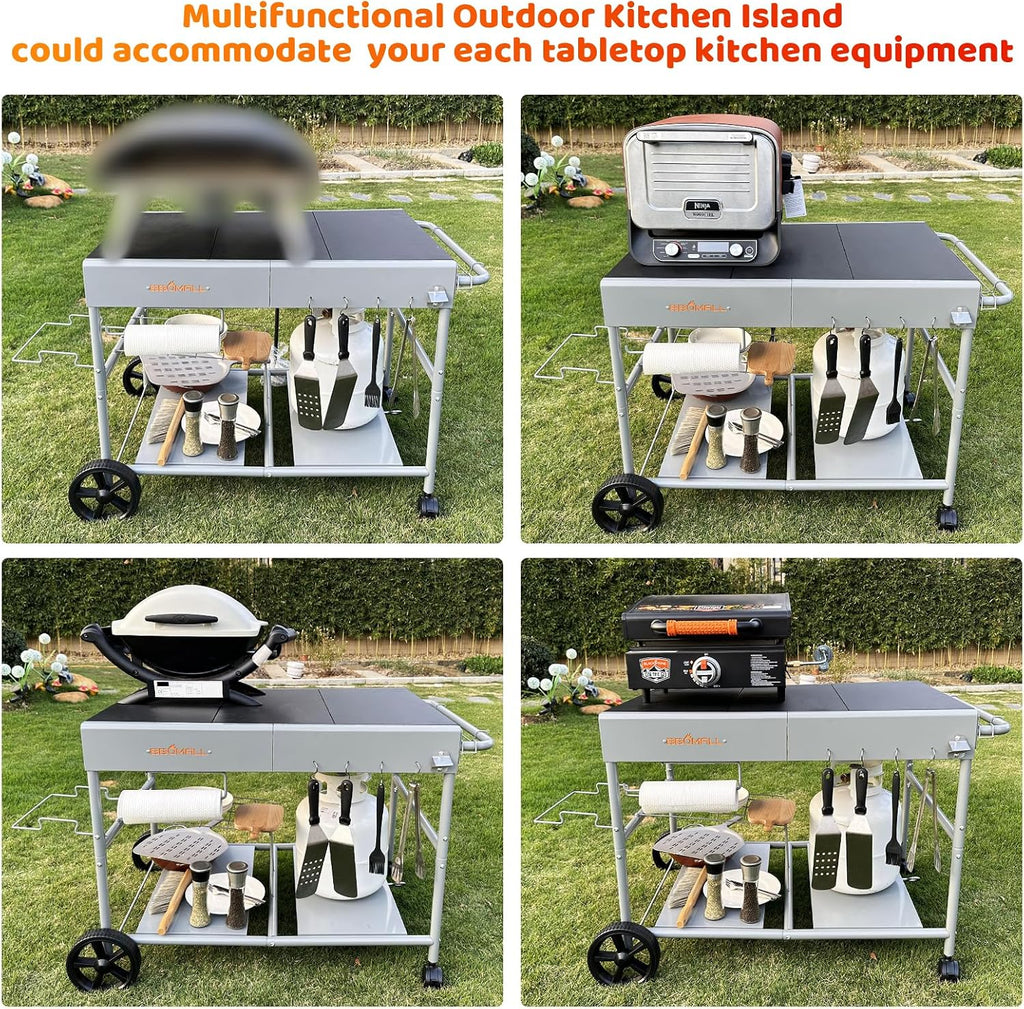 Upgraded Pizza Oven Cart Table for Ooni Koda/Karu/Fyra 16 & 12, Movable Thicken & Widen Rolling Kitchen Cart, Outdoor Grill Stand for Ninja Woodfire,Blackstone Griddle,Barbecue Tool Set