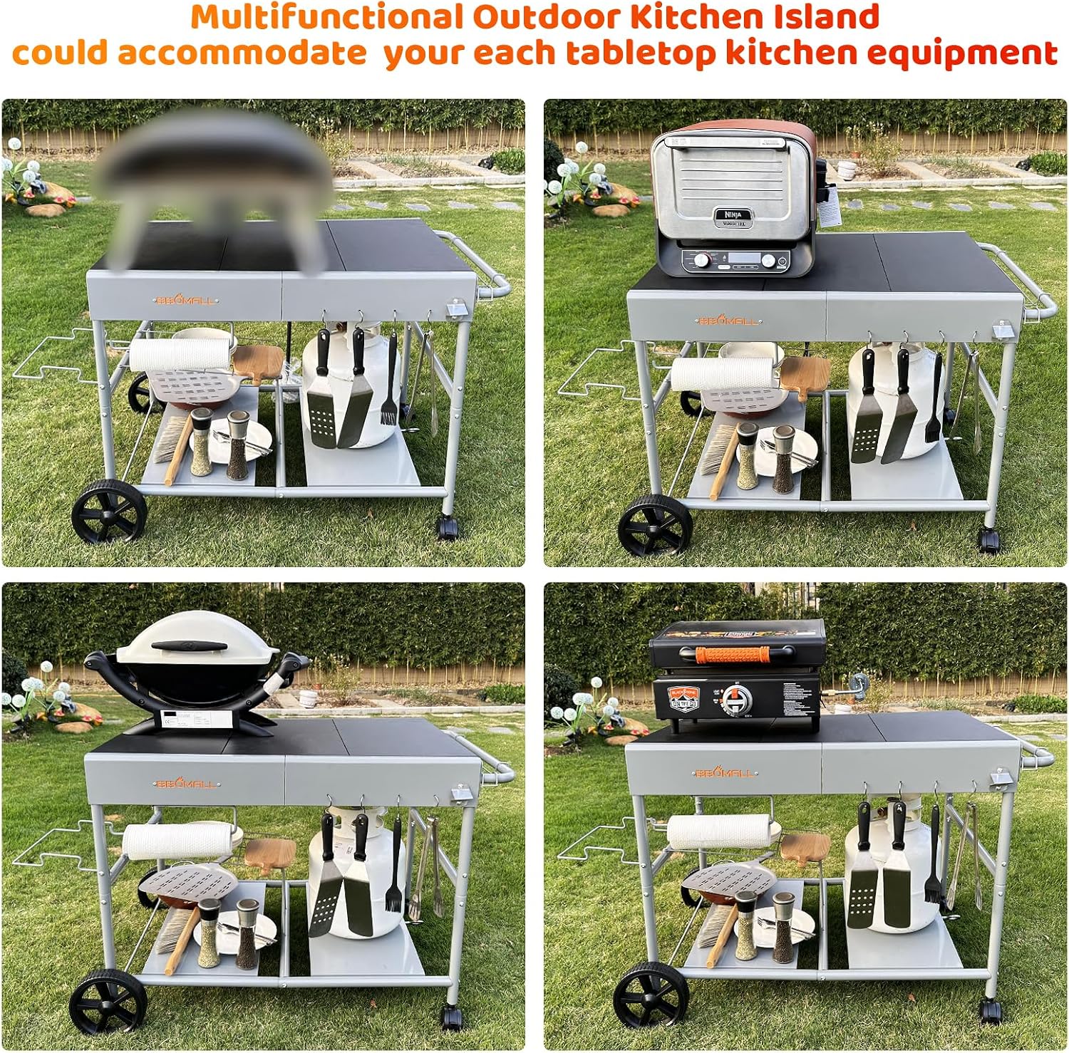 Upgraded Pizza Oven Cart Table for Ooni Koda/Karu/Fyra 16 & 12, Movable Thicken & Widen Rolling Kitchen Cart, Outdoor Grill Stand for Ninja Woodfire,Blackstone Griddle,Barbecue Tool Set
