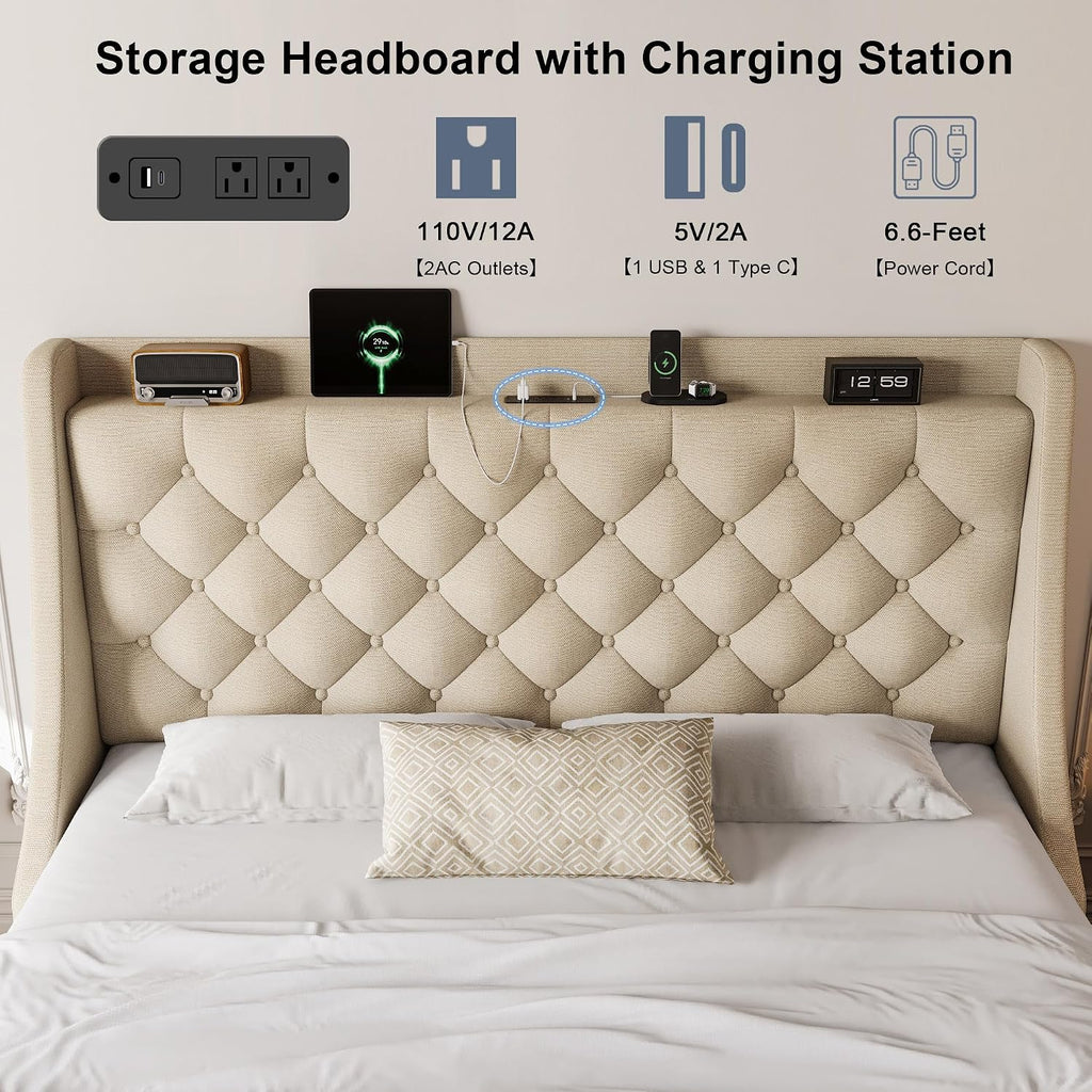 Full Size Upholstered Platform Bed Frame with 4 Storage Drawers and Charging Station, Linen Button Tufted Wingback Headboard, Sturdy Wooden Support Slats, No Box Spring Needed, Beige