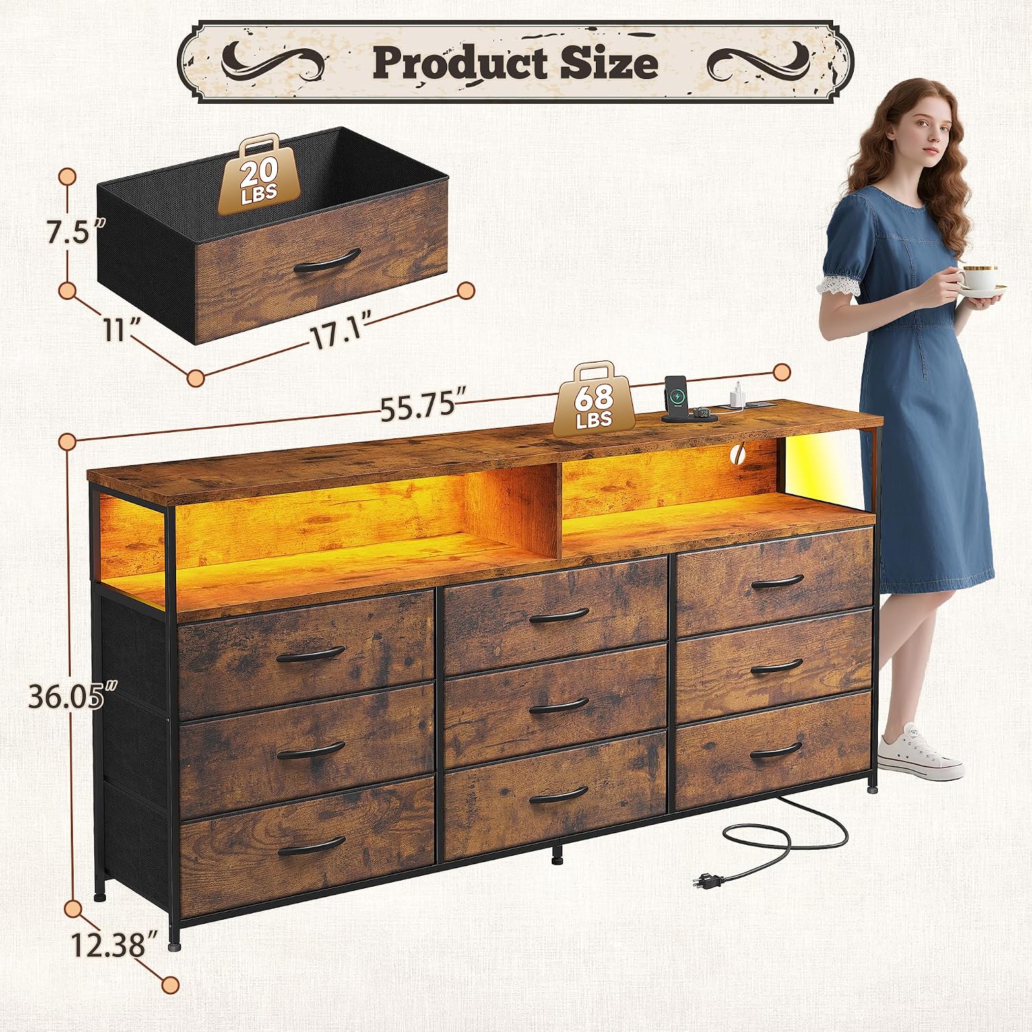 Romorgniz 55' W Dresser for Bedroom with 9 Drawers LED TV Stand with Power Outlets for 45, 55, 65 Inch TV Sturdy Long Chest of Drawers with Extra 2 Wooden Shelves Steel Frame Rustic Brown