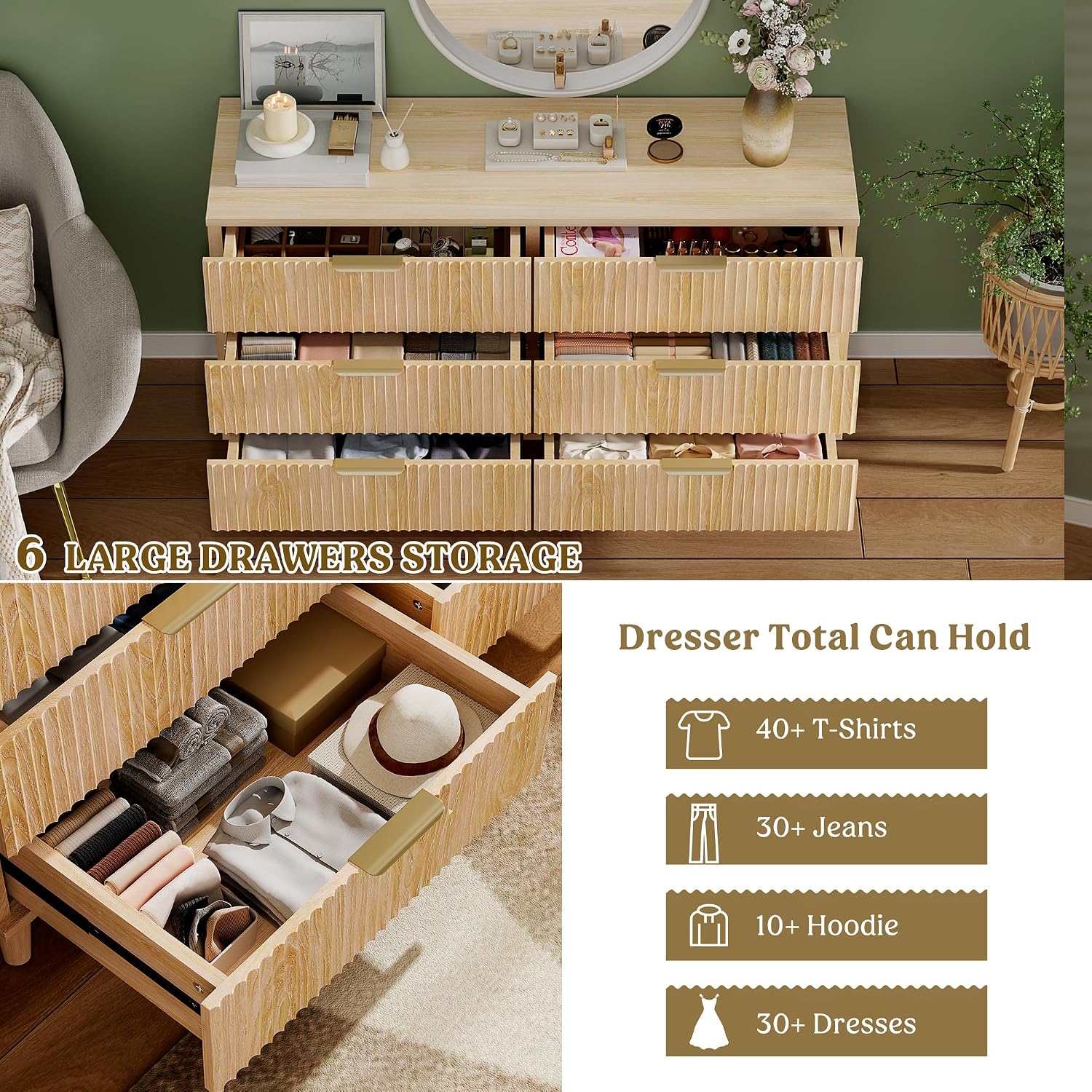 Lulive Dresser for Bedroom Wood Dressers Chest of Drawers, Fluted 53.2' Wide Modern Long Dresser TV Stand 6 Drawers for Bedroom, Closet, Living Room, Hallway (Natural)