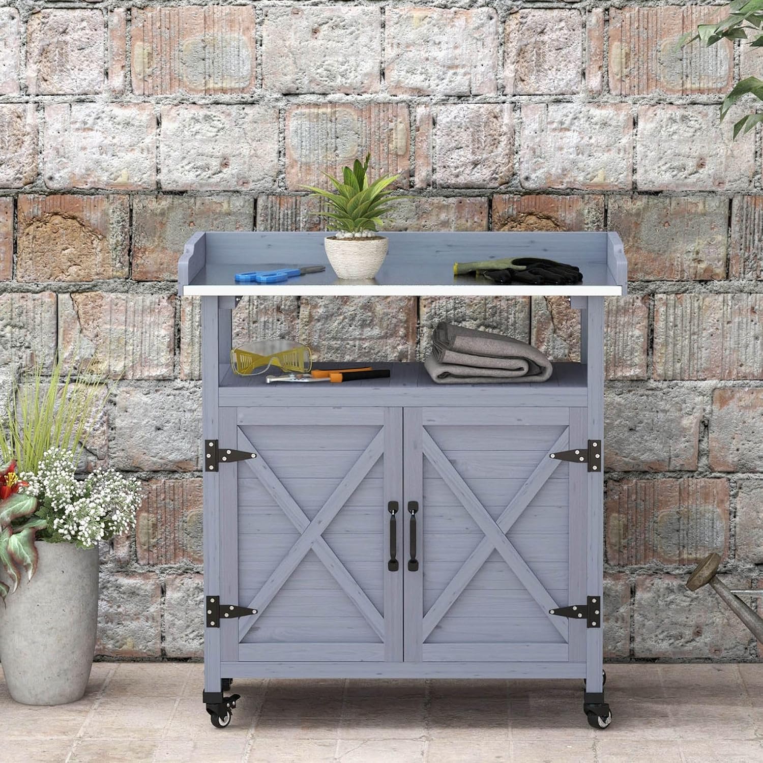 Country Farmhouse Potting Bench with Storage and Cabinet