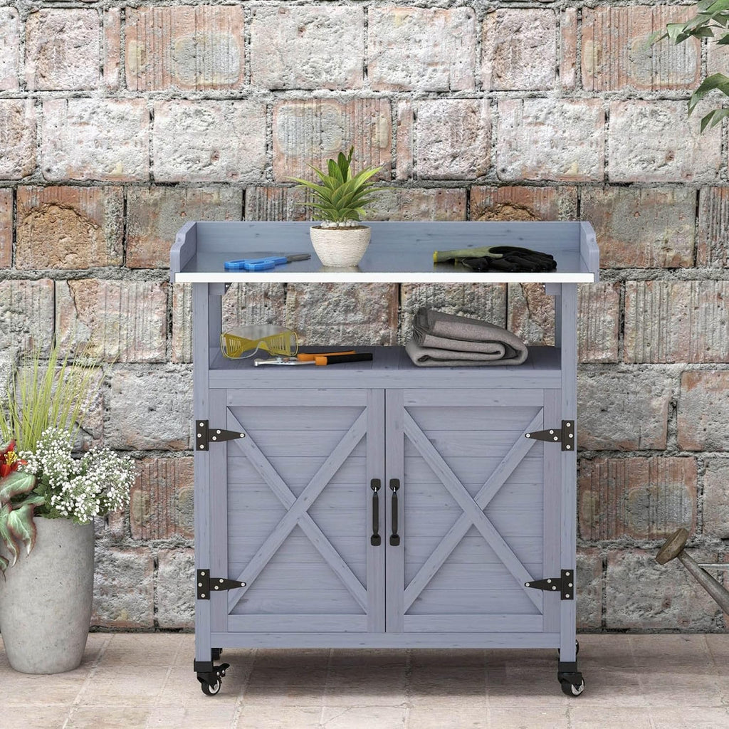Sturdy All-Weather Aluminum Tabletop Potting Bench Featuring Built-in Storage Cabinet Rubber Casters Gray Heavy-Duty Durable Finish