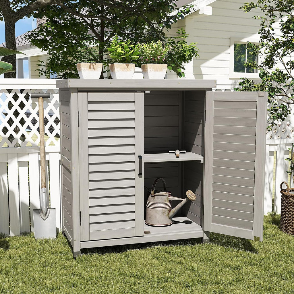 Outdoor Tool Storage Cabinet, Potting Bench with Storage Cabinet, Small Weather-Resistant Potting Table with Metal Table Top for Garden Backyard Patio, Gray