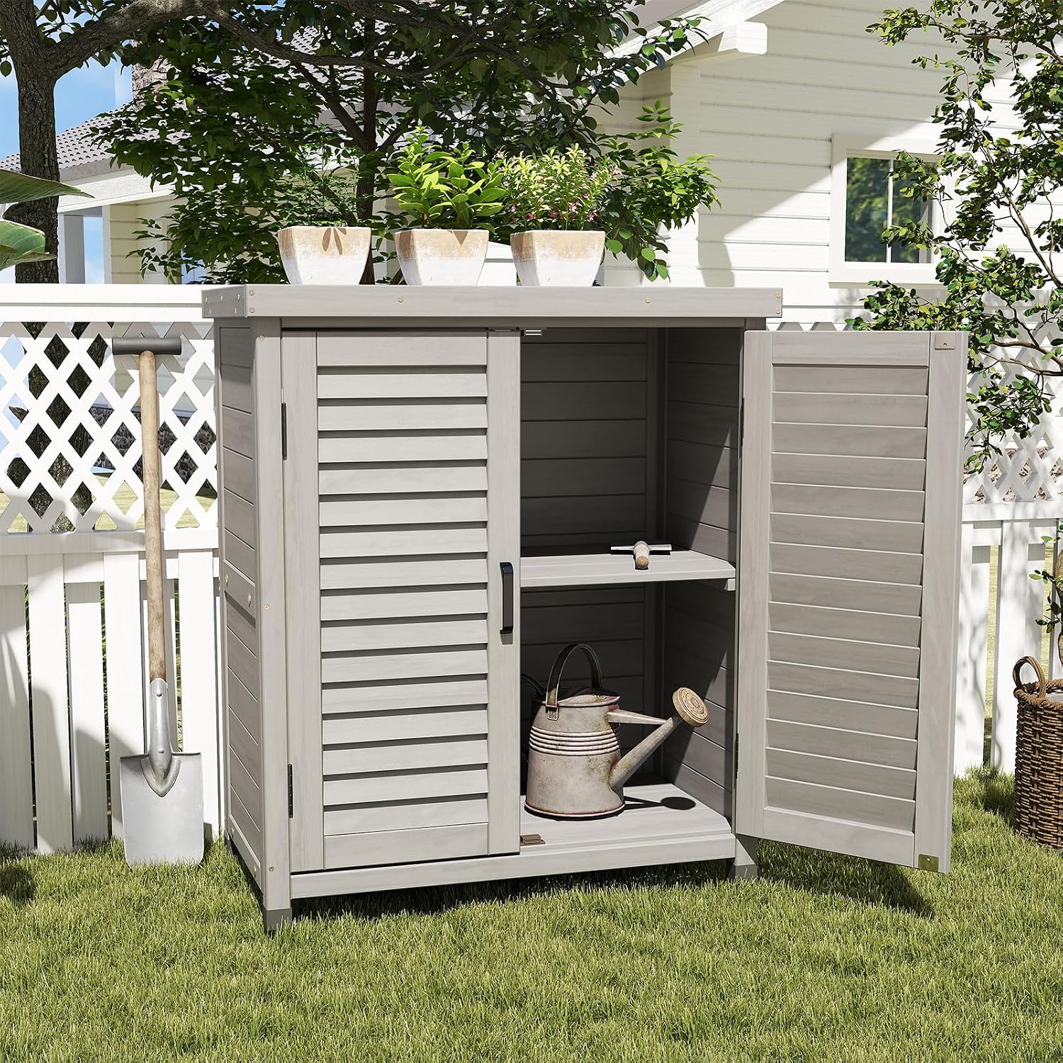 Outdoor Tool Storage Cabinet, Potting Bench with Storage Cabinet, Small Weather-Resistant Potting Table with Metal Table Top for Garden Backyard Patio, Gray