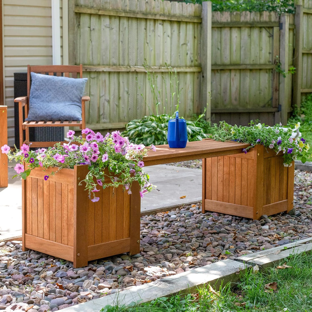 Sunnydaze 68-Inch Meranti Wood Outdoor Planter Box Bench with Teak Oil Finish