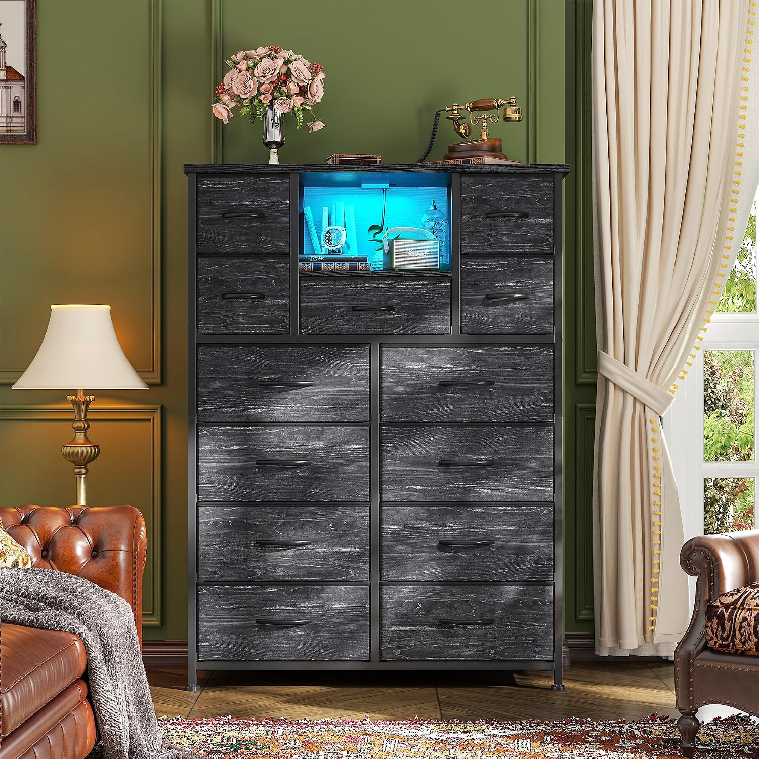 Romorgniz Dresser for Bedroom with 13 Fabric Drawers, Black Dresser with LED & 4 Charging Ports, 47''H Chest of Drawers with Open Storage Shelves for Hallway, Entryway