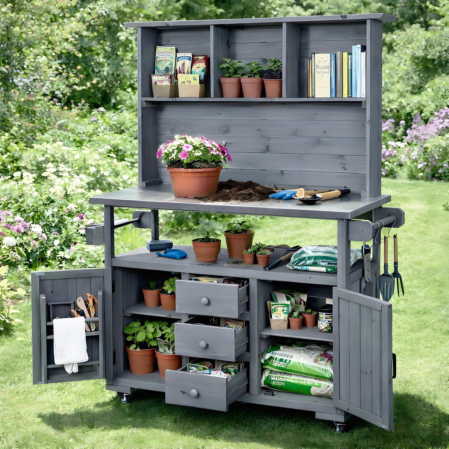 Outdoor Potting Bench Table with Wheels, Wood Garden Workstation with Stainless Steel Top, Side Hooks, Storage Drawers and Cabinets, Farmhouse Potting Table for Outside, Patio, Backyard,Grey