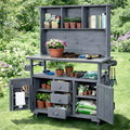 65''H Large Garden Storage Potting Bench with Lockable Wheels, Wood Outdoor Kitchen Island with Stainless Steel top, Drawers, Door Shelves and Hutch for Grilling, Gray