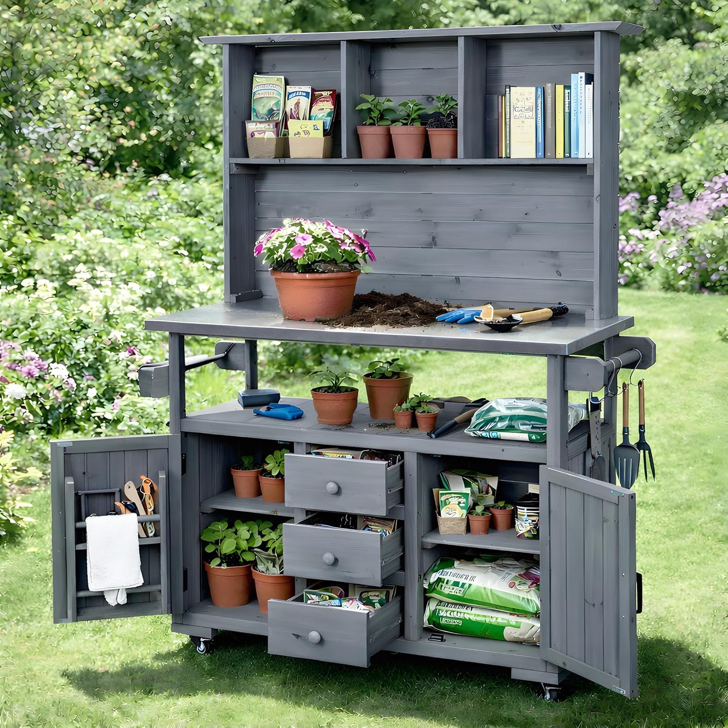 65' H Outdoor Potting Bench Table with Stainless Steel Top, Rolling Garden Potting Table with 3 Drawers and Hutch, Outdoor Kitchen Island on Wheels with Door Shelves for Grilling, Gray