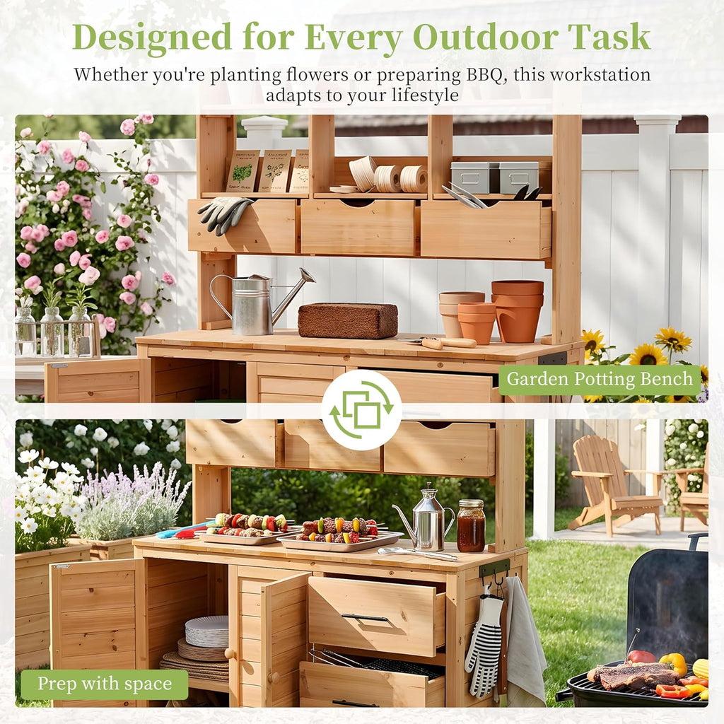Farmhouse Patio Potting Bench with Storage Cabinet, 65' H Garden Workstation with 6 Drawers and Side Hooks, Outdoor Kitchen Island with Adjustable Shelf for Patio, Backyard, Natural