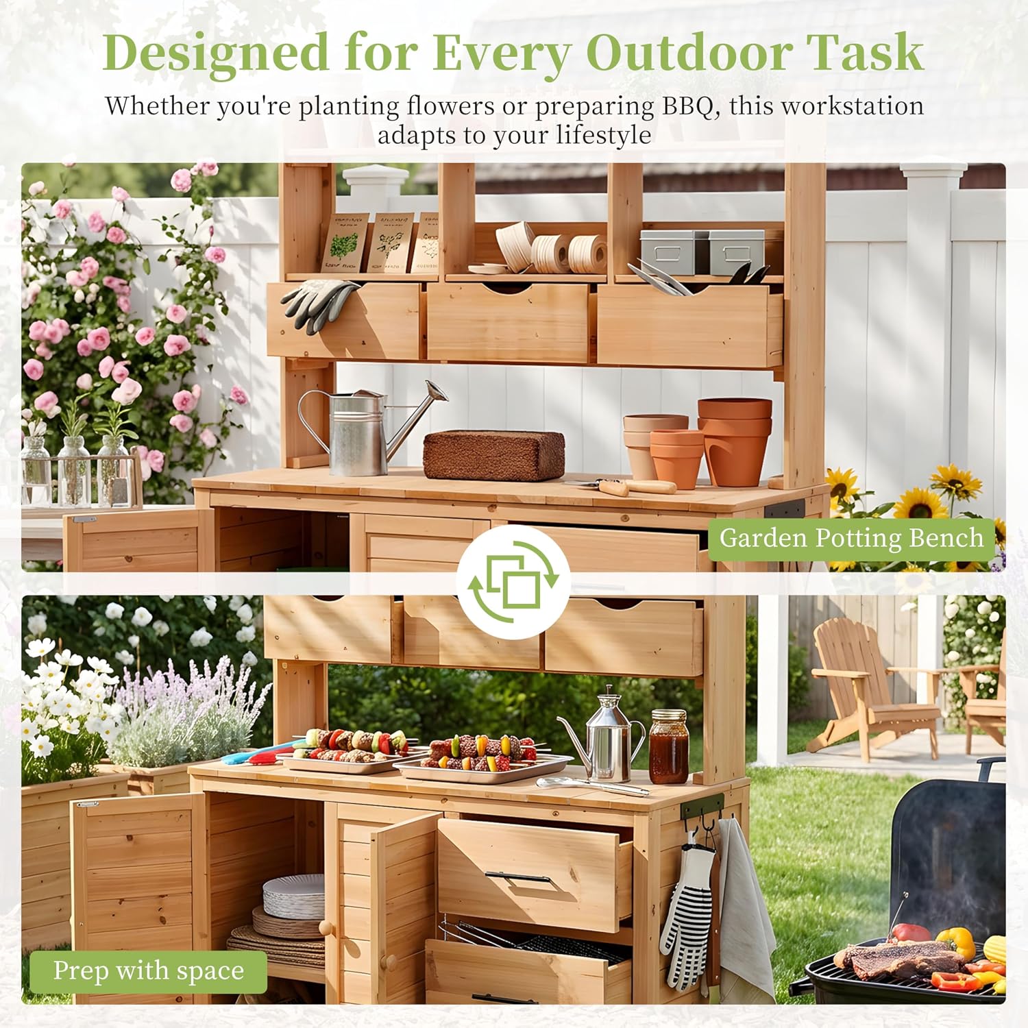 Farmhouse Patio Potting Bench with Storage Cabinet, 65' H Garden Workstation with 6 Drawers and Side Hooks, Outdoor Kitchen Island with Adjustable Shelf for Patio, Backyard, Natural