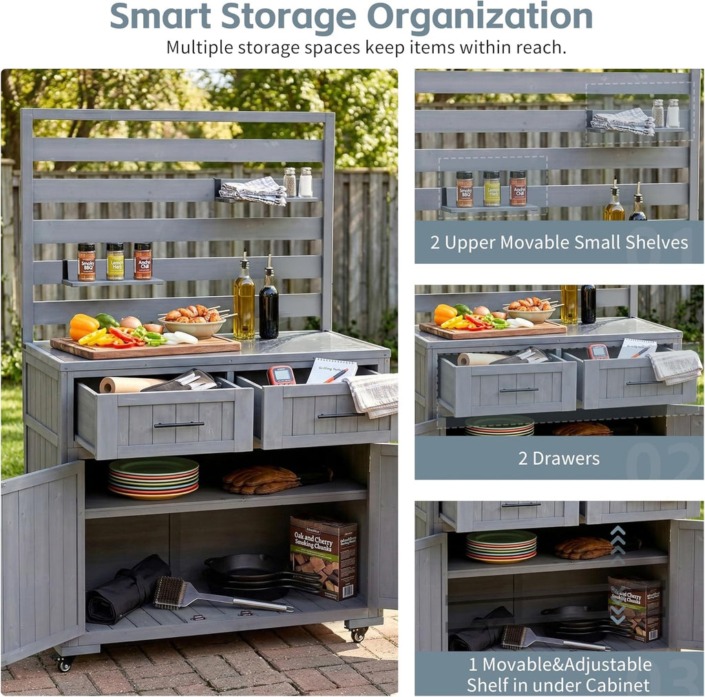 LUMISOL 4-Piece Outdoor Grill Table with Sink and Faucet, Rolling Kitchen Island with Movable Shelves and 2 Drawers, Garden Potting Bench Table with Stainless Table Top, for Patio Backyard, Gray