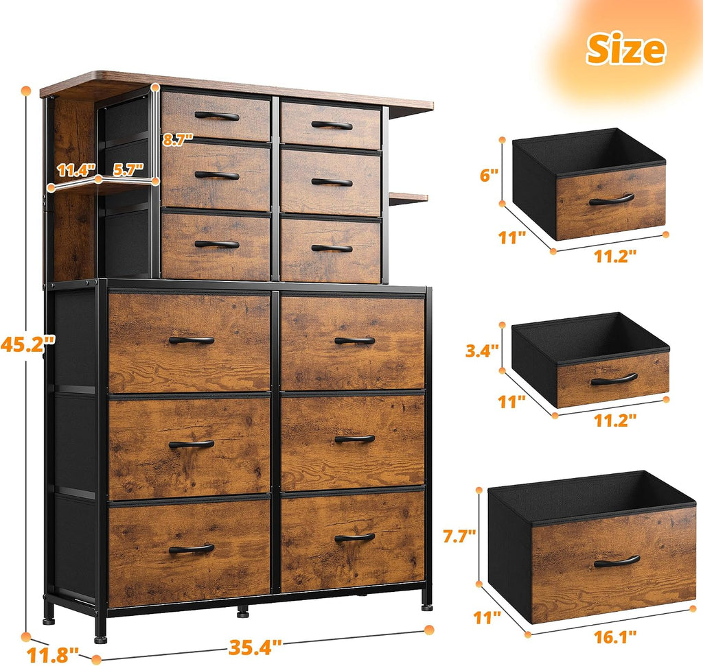 Dresser for Bedroom with 12 Drawers & LED Lights,4 Open Storage Shelves, Fabric Dressers & Chests of Drawers for Living Room, Entryway, Dorm, Wood Top,45.2' H x 35.4' W x 11.8' D, Rustic Brown