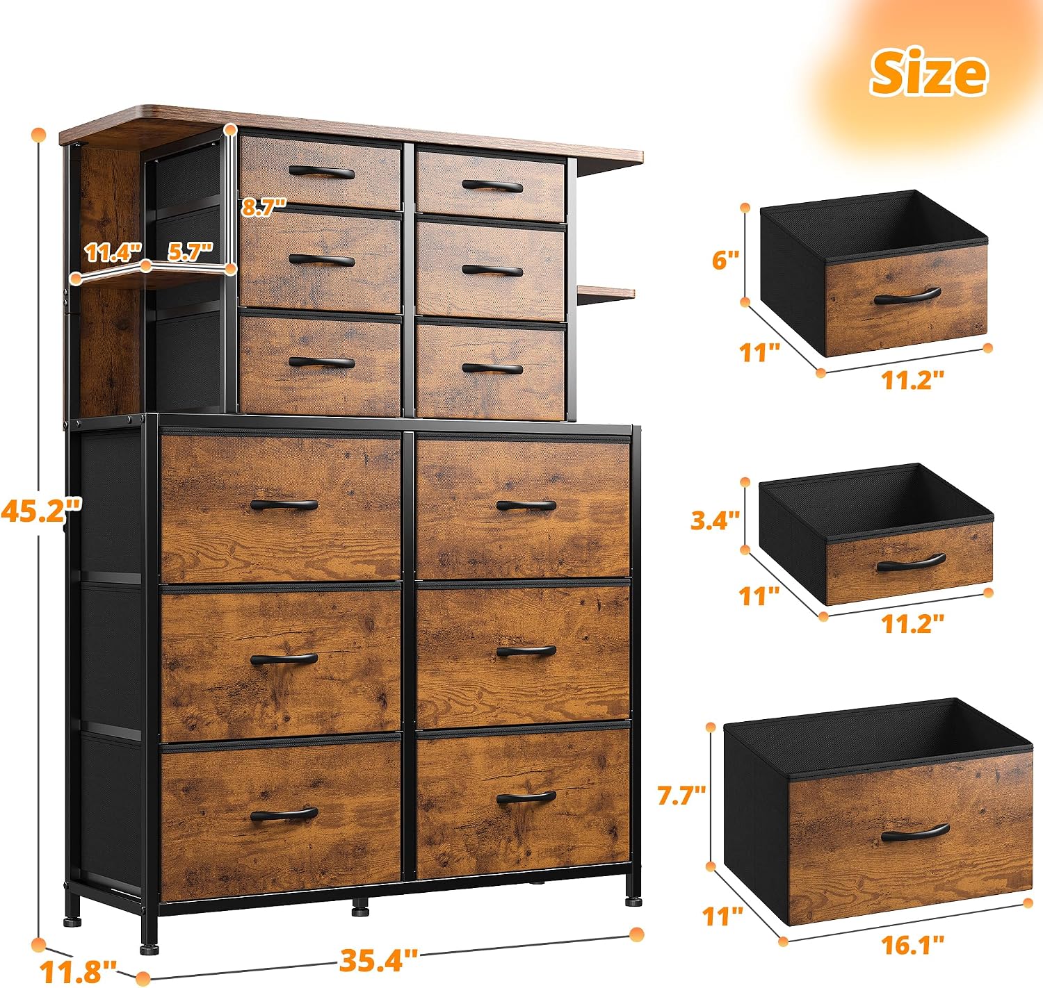 Dresser for Bedroom with 12 Drawers & LED Lights,4 Open Storage Shelves, Fabric Dressers & Chests of Drawers for Living Room, Entryway, Dorm, Wood Top,45.2' H x 35.4' W x 11.8' D, Rustic Brown