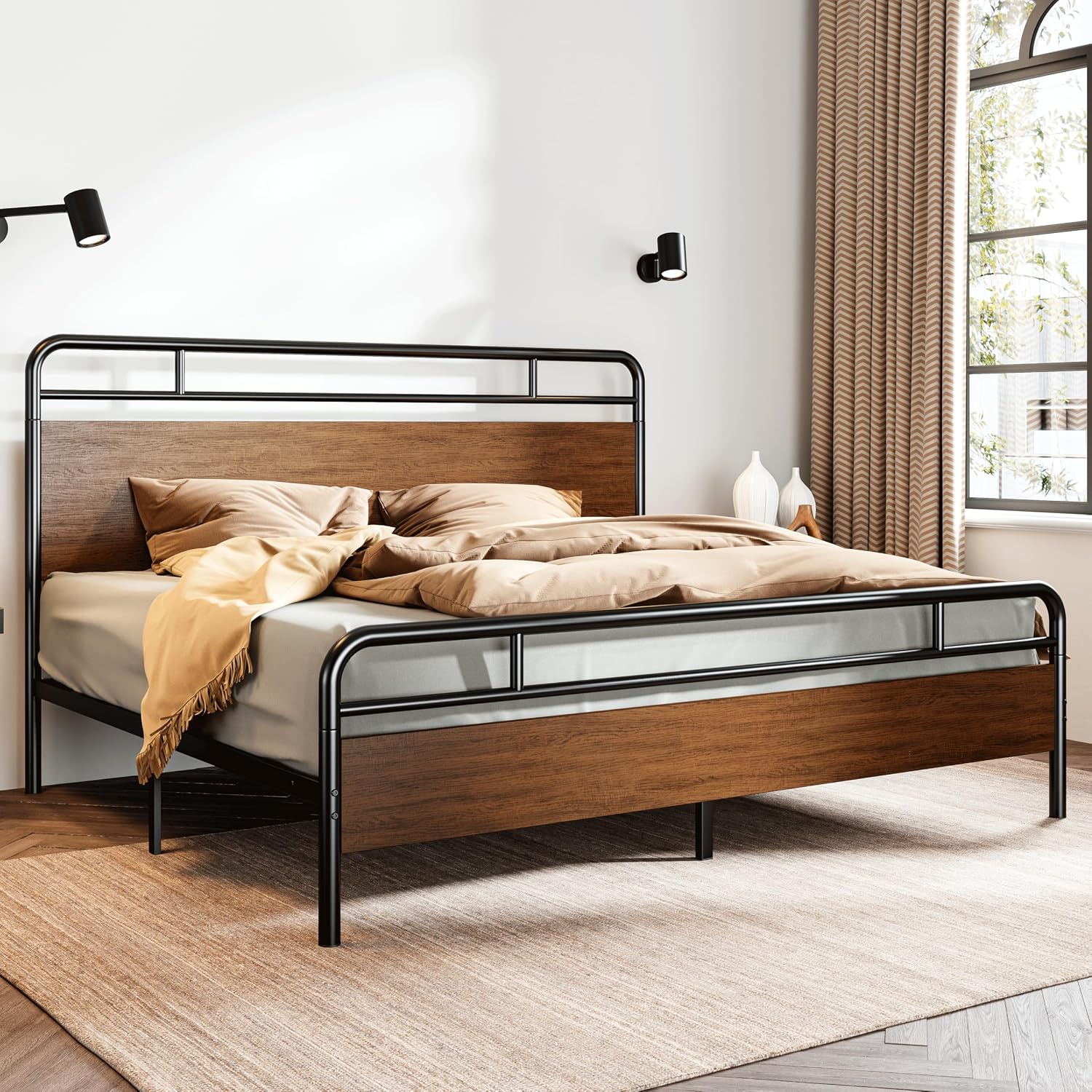 SHA CERLIN King Size Bed Frame with Wooden Headboard and Footboard, Rounded Corner Metal Structure, Heavy Duty Slats with Under-Bed Storage, No Box Spring Needed, Walnut