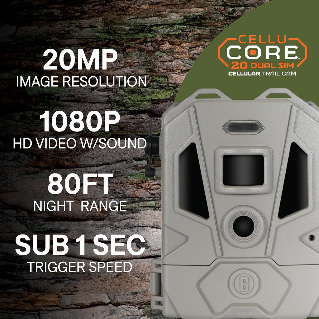 Bushnell CelluCORE 20 Dual-SIM Cellular Trail Camera - 20MP Image and 1080p HD Video, No Glow Infrared Night Vision, Wireless Connectivity with Dual SIM Card Support,Slate Green