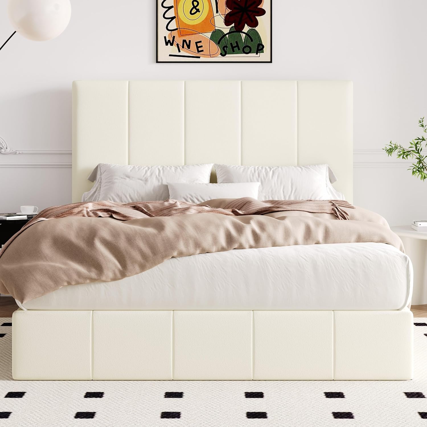 Allewie Full Size Velvet Lift Up Storage Bed Frame, Vertical Channel Tufted Headboard, Hydrualic Underneath Storage, Upholstered Platform Bed, Wooden Slats Support, No Box Spring Needed, Cream