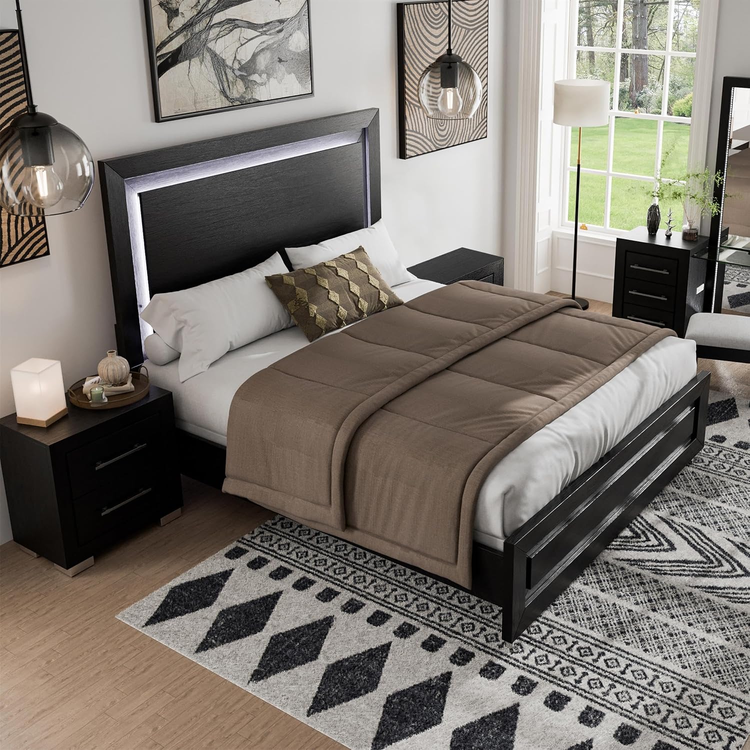 Furniture of America Lyle Modern Solid Wood 3-Piece Bedroom Collection with King Bed Frame and Nightstand Set of 2, Includes LED Light Headboard, Box Spring Required, Black