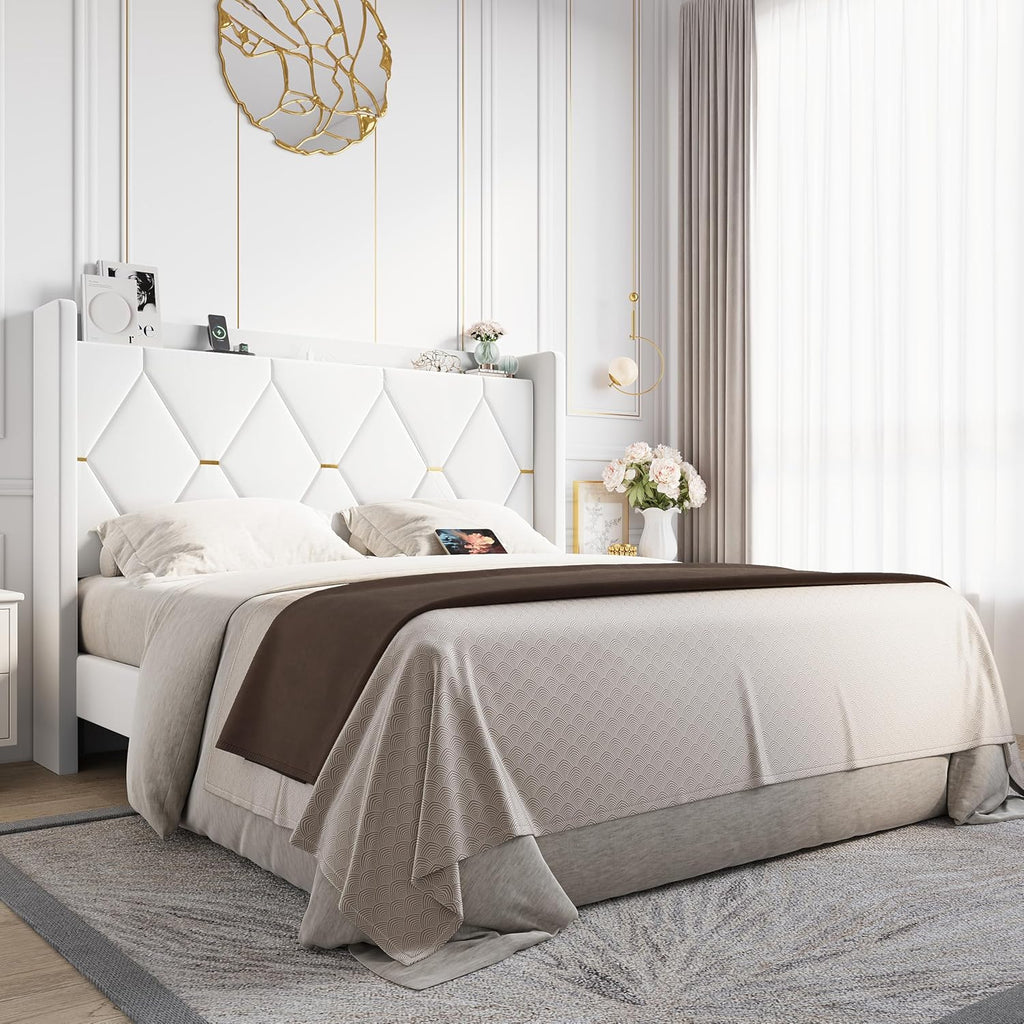 Allewie Velvet Full Size Upholstered Bed Frame with Wingback Storage Headboard & Charging Station, Platform Bed with Diamond Tufted Design & Gold Trim, No Box Spring Needed, Easy Assembly, White