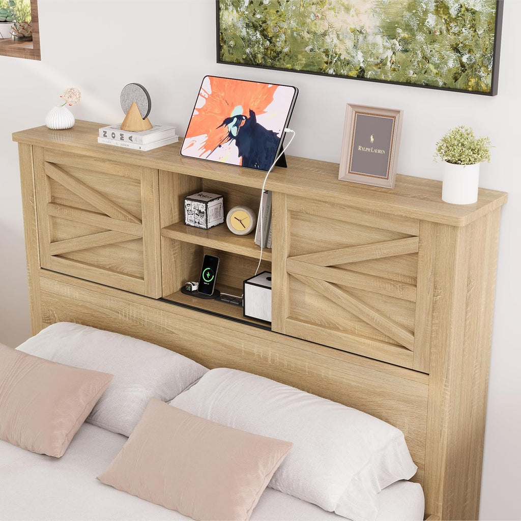 3 s Bedroom Sets Full Size Platform Bed with Double Sliding Door Storage Headboard and Charging Station, Storage Nightstand and Dresser, Natural