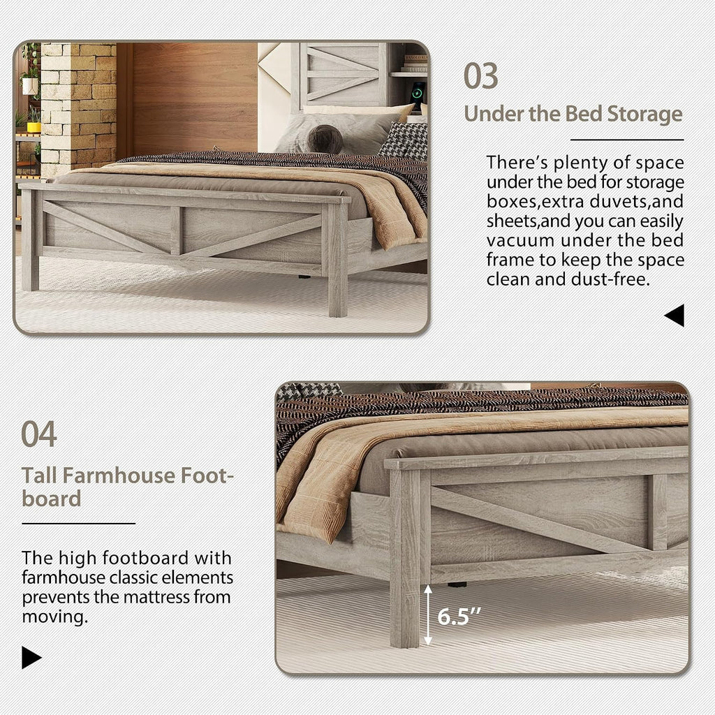 LUMISOL 3-Pieces Farmhouse Bedroom Sets, Full Size Platform Bed with Storage Headboard, Charging Stations, Storage Nightstand and Dresser, 3 Piece Bedroom Furniture Set Full Size, Gray