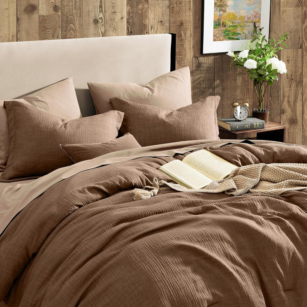 Geniospin Oversized King Comforter Sets - 7 Pieces Brown Oversized King Bedding Set, Solid Bed Set for All Season, Textured Bed in a Bag with Flat Sheet and Fitted Sheet, Pillowcases and Shams