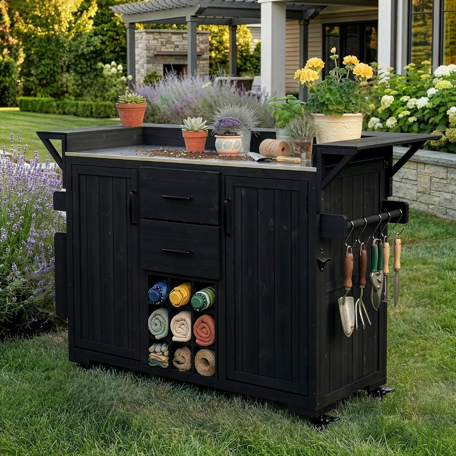 Modern 60.2''W Outdoor Kitchen Island with Wheels,Rolling Patio BBQ Cart with Stainless Steel Top,Wood Grill Cart with Spice Rack&Wine Rack,2 Drawers (Black-T)